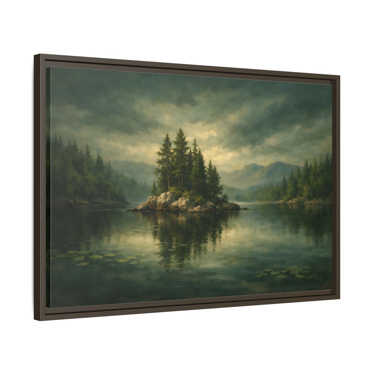 Side Mockup 11. Nature Pine Island Lake Island Green shown as stretched canvas wall art