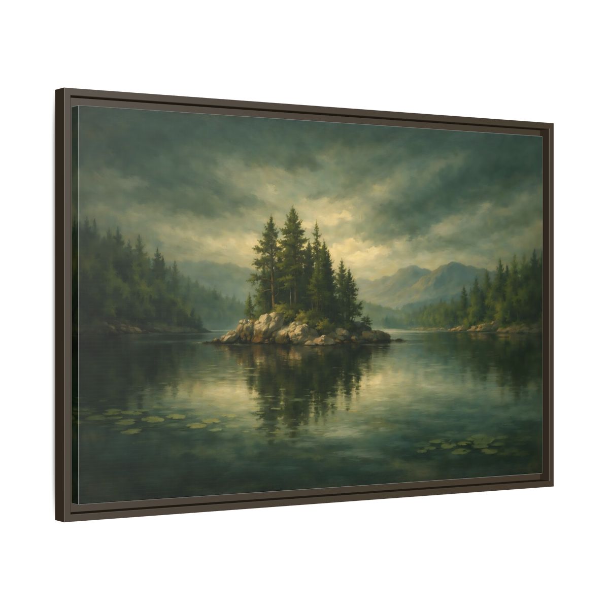 Side Mockup 9. Nature Pine Island Lake Island Green shown as stretched canvas wall art