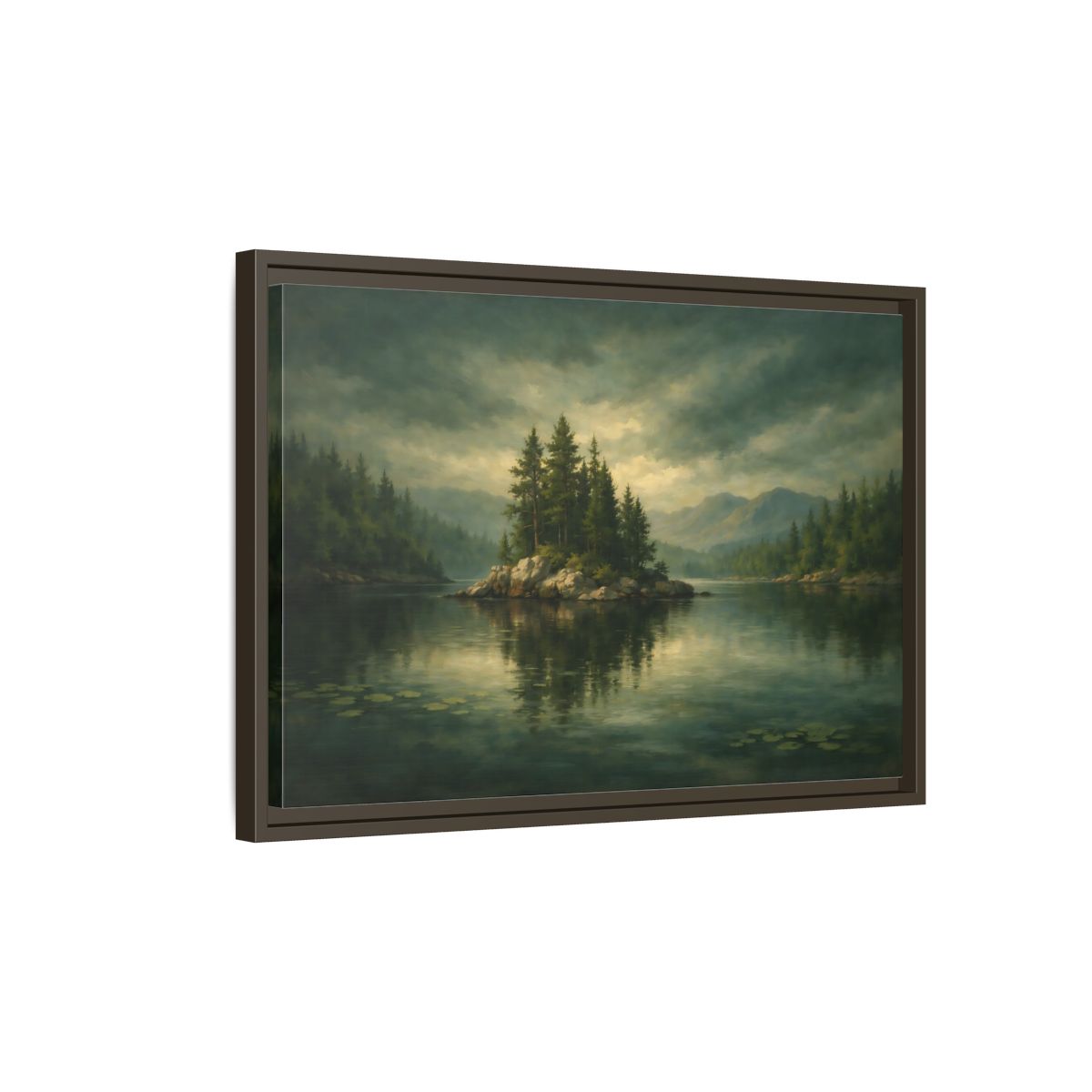 Side Mockup 2. Nature Pine Island Lake Island Green shown as stretched canvas wall art