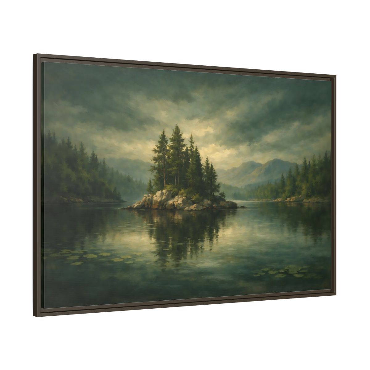 Main Mockup. Nature Pine Island Lake Island Green shown as stretched canvas wall art