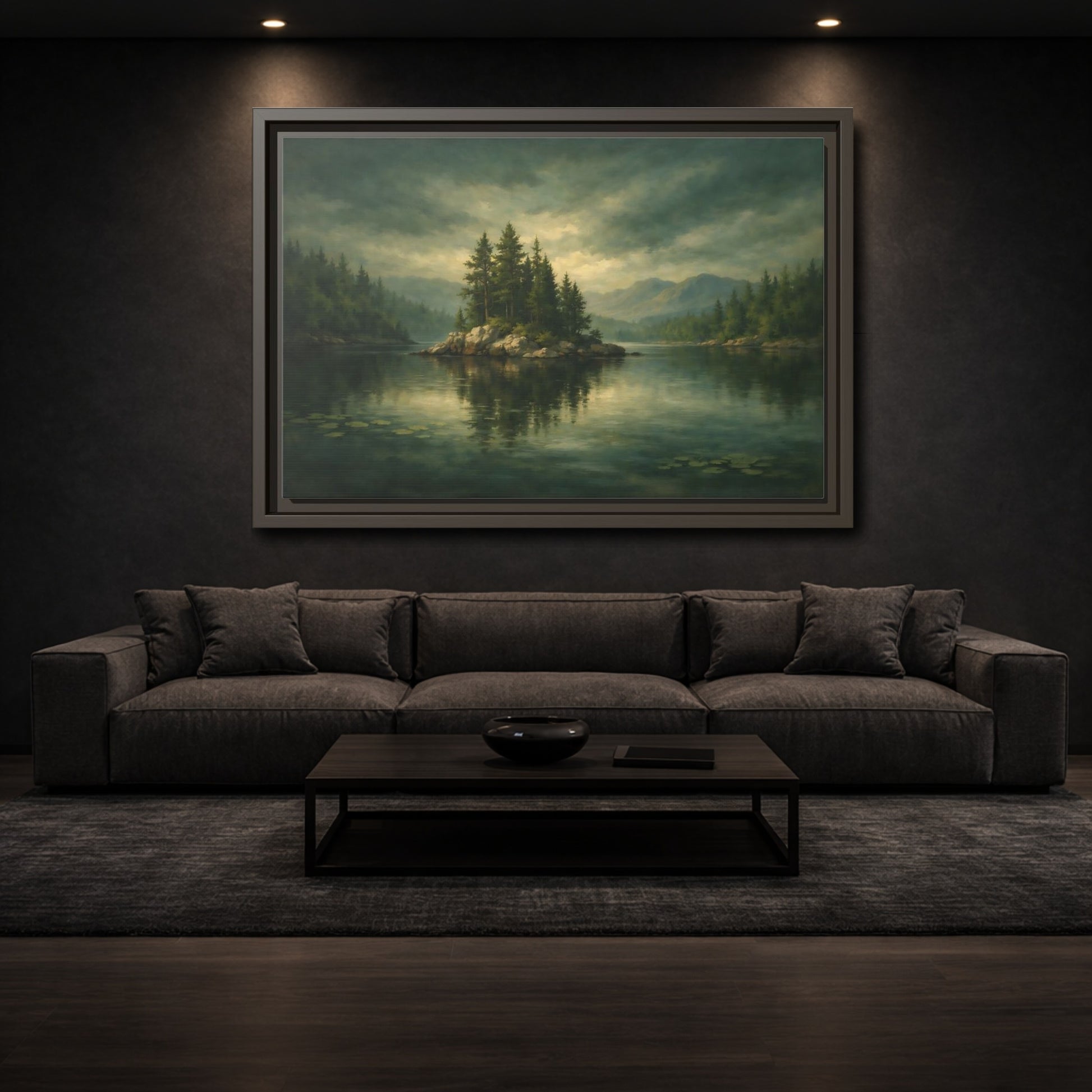 Mockup 2. Nature Pine Island Lake Island Green shown as stretched canvas wall art