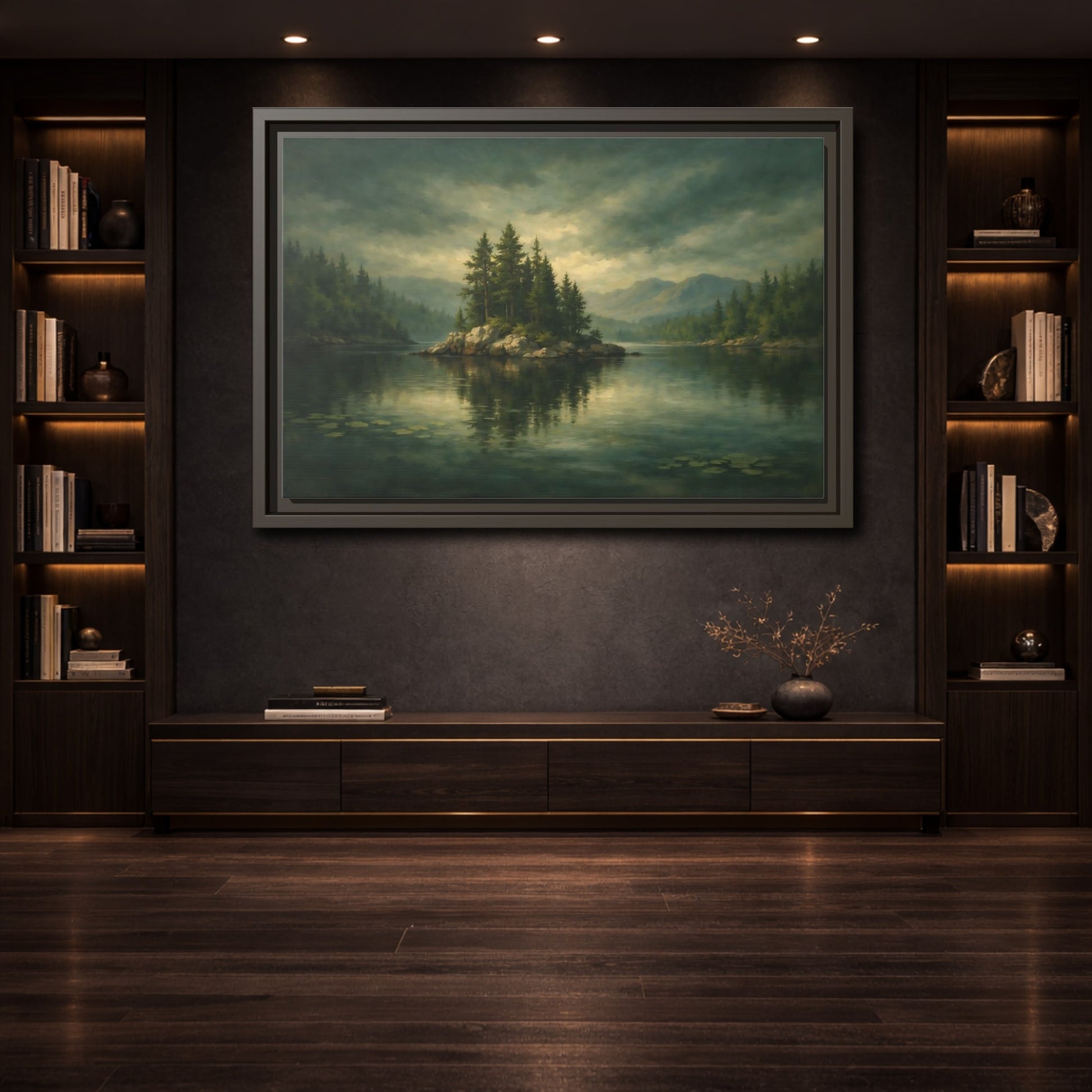 Mockup 3. Nature Pine Island Lake Island Green shown as stretched canvas wall art