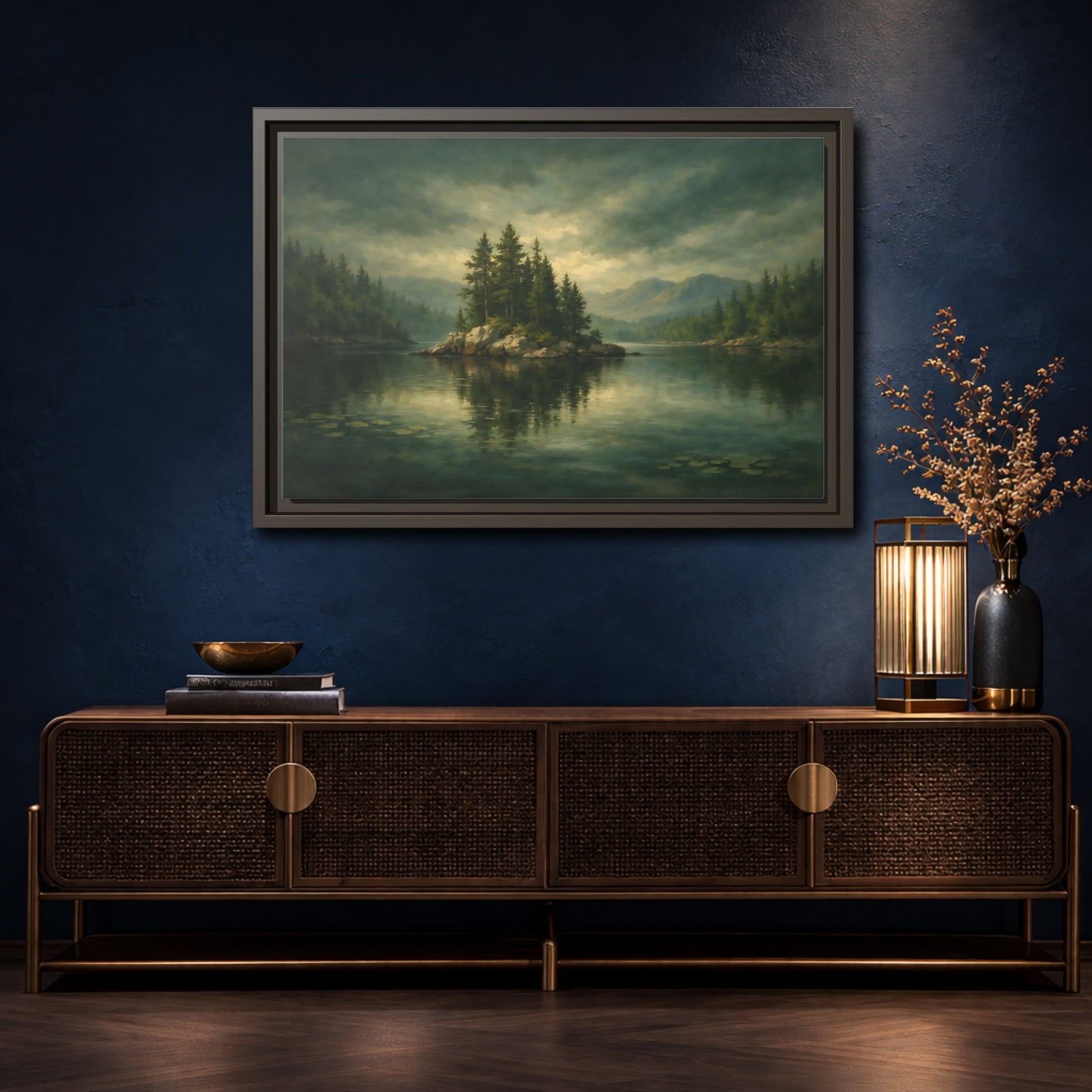 Mockup 4. Nature Pine Island Lake Island Green shown as stretched canvas wall art