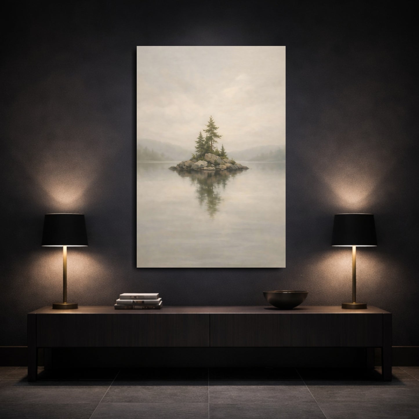Mockup 2. Nature Pine Island Misty Island shown as stretched canvas wall art