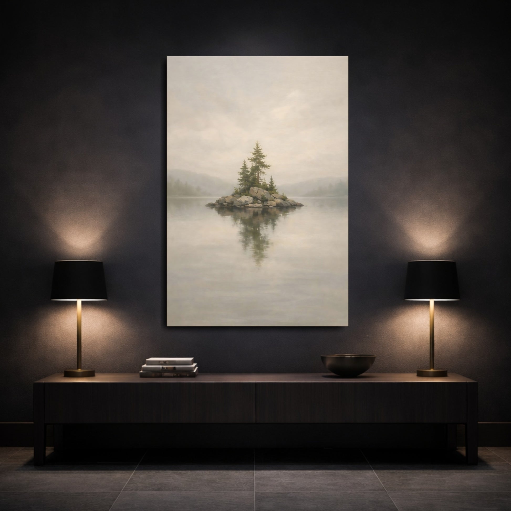 Mockup 2. Nature Pine Island Misty Island shown as stretched canvas wall art