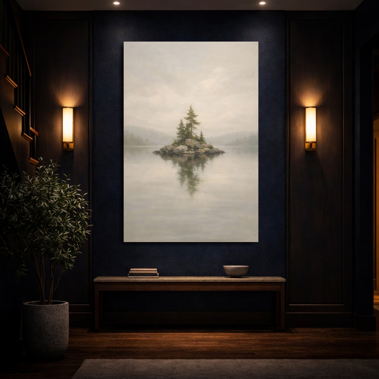 Mockup 3. Nature Pine Island Misty Island shown as stretched canvas wall art