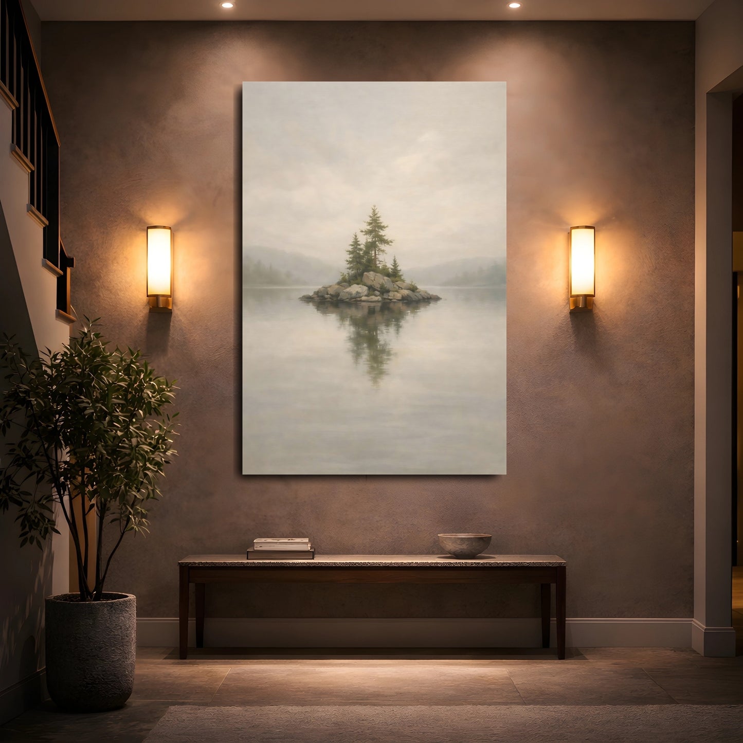 Mockup 4. Nature Pine Island Misty Island shown as stretched canvas wall art