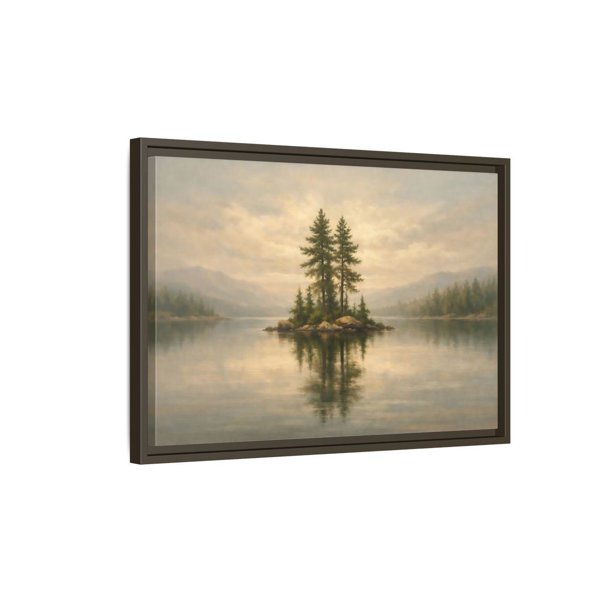 Side Mockup 2. Nature Pine Island Misty Lake Island shown as stretched canvas wall art