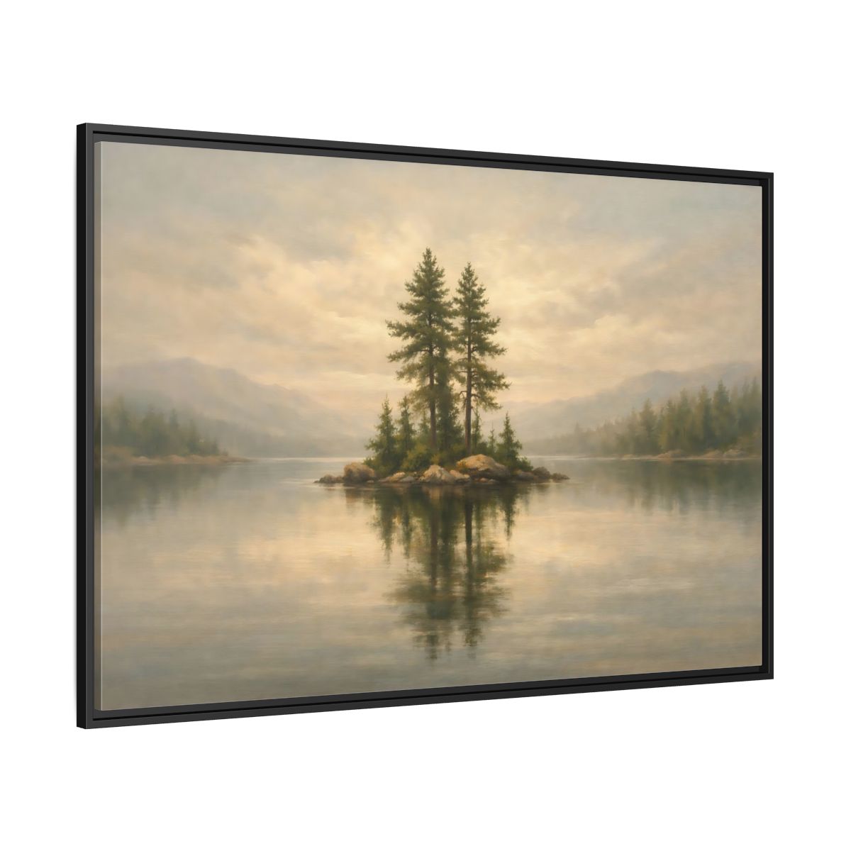 Side Mockup 12. Nature Pine Island Misty Lake Island shown as stretched canvas wall art