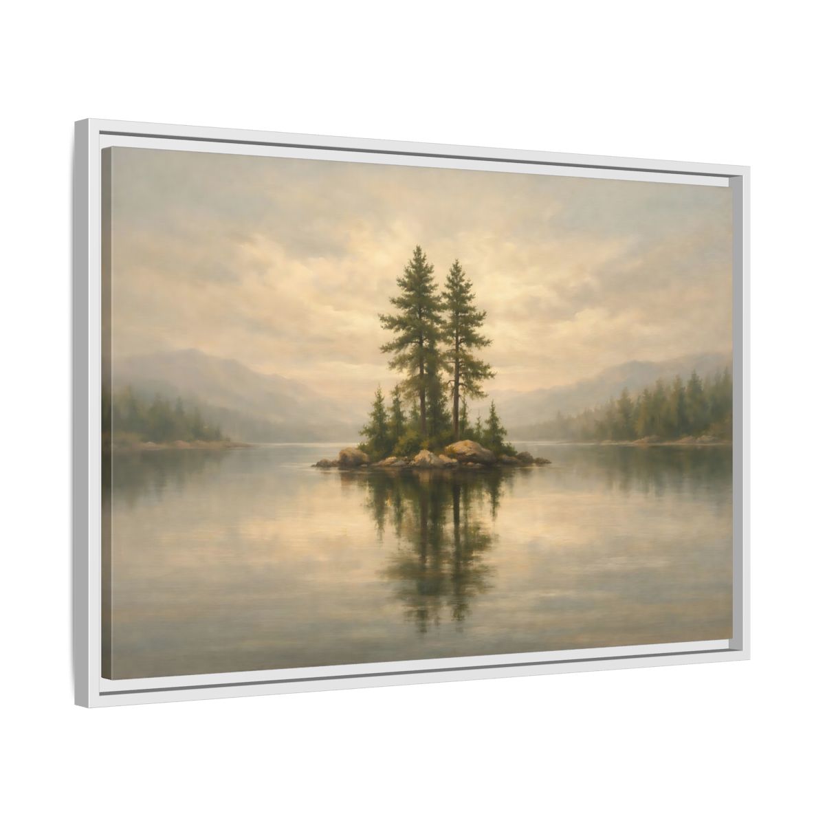 Side Mockup 10. Nature Pine Island Misty Lake Island shown as stretched canvas wall art