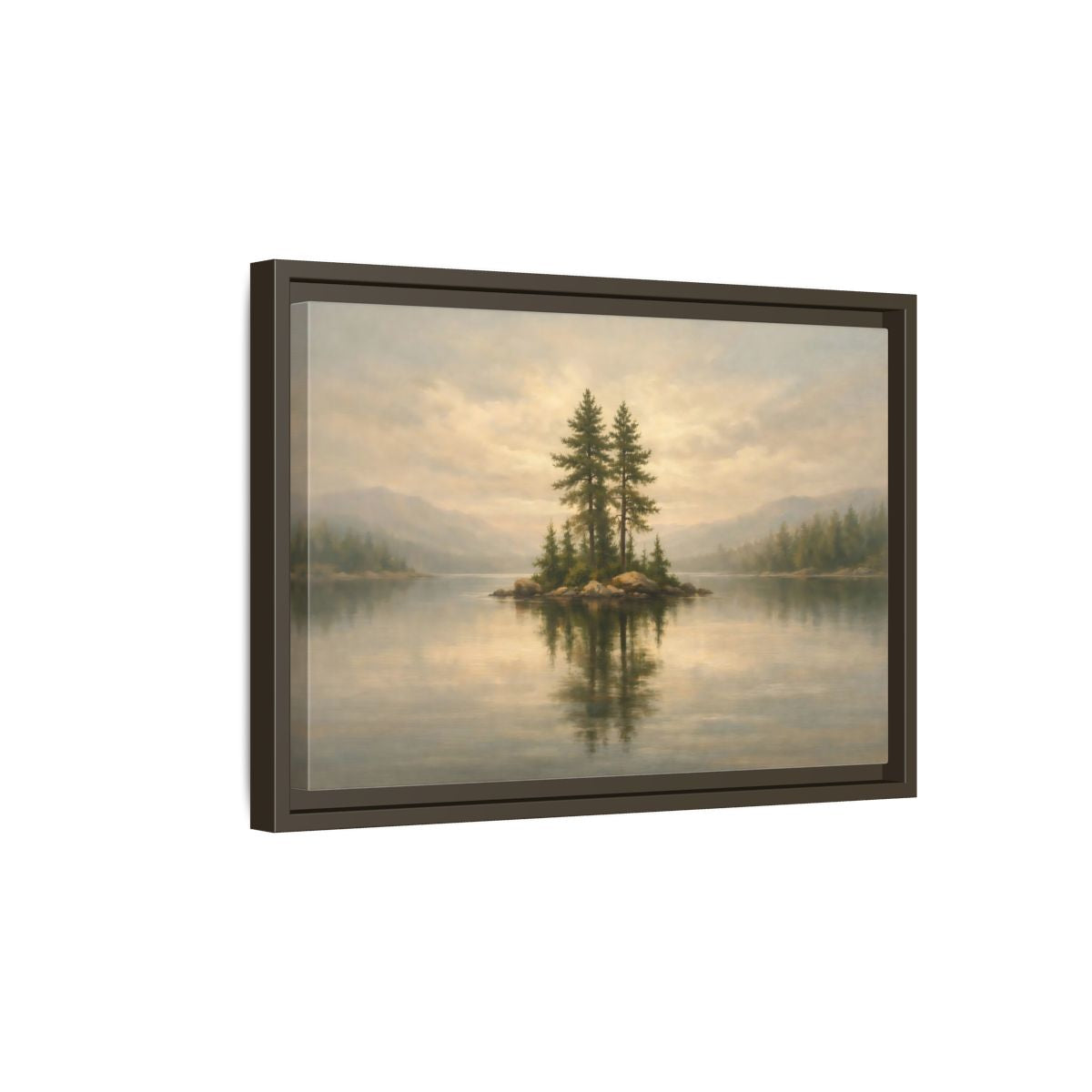Side Mockup 5. Nature Pine Island Misty Lake Island shown as stretched canvas wall art