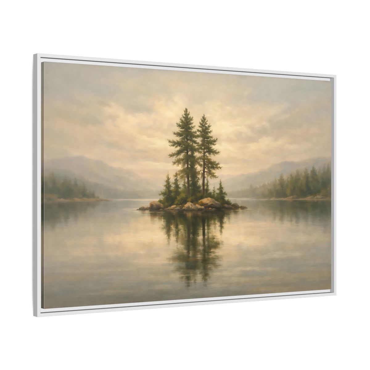 Side Mockup 7. Nature Pine Island Misty Lake Island shown as stretched canvas wall art