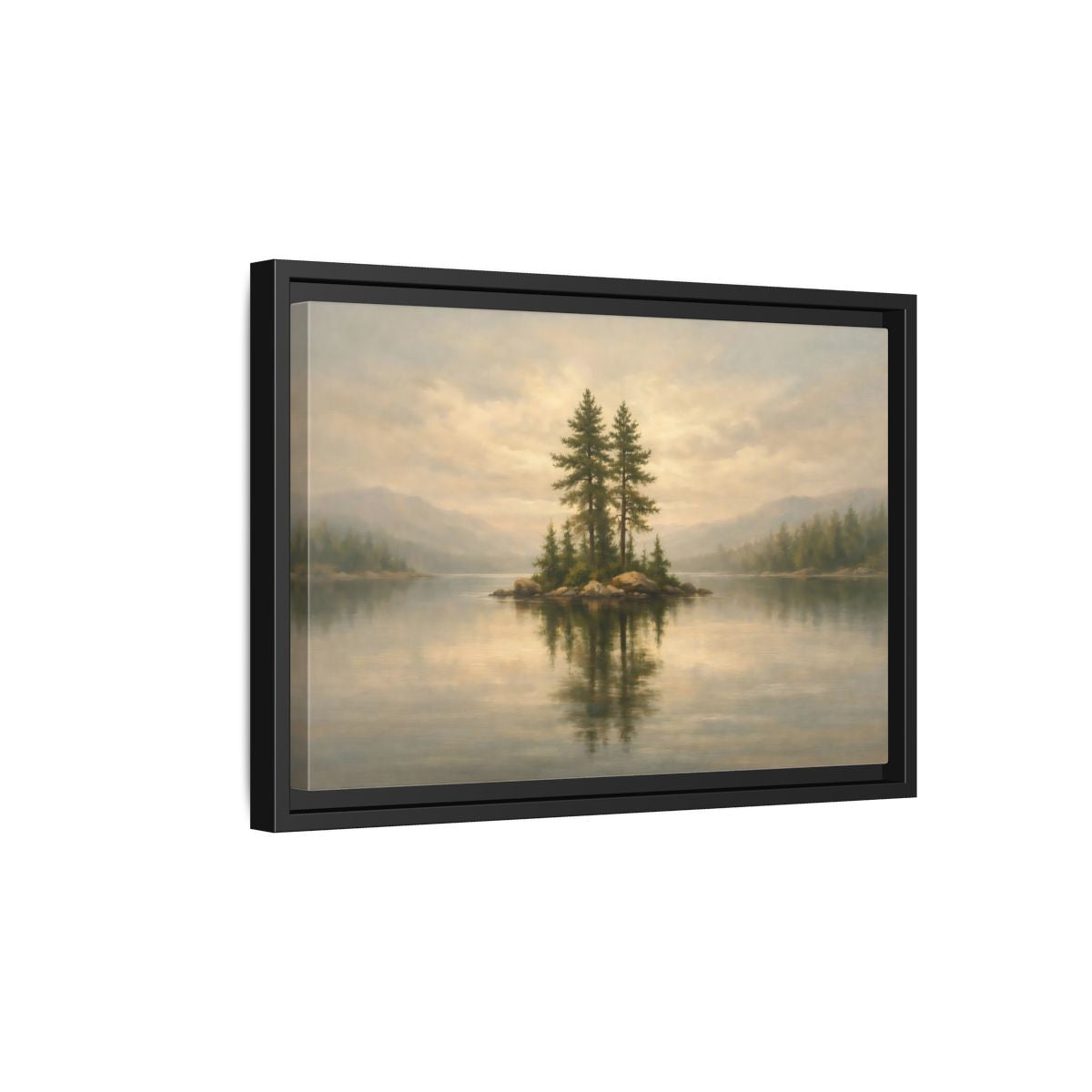 Side Mockup 6. Nature Pine Island Misty Lake Island shown as stretched canvas wall art
