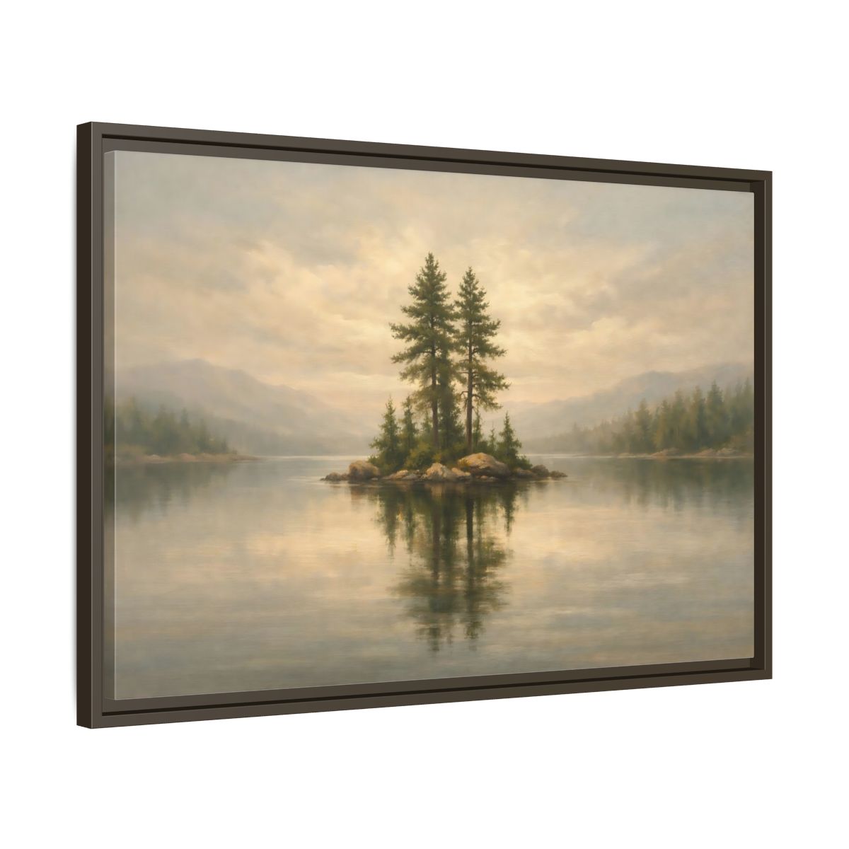 Side Mockup 11. Nature Pine Island Misty Lake Island shown as stretched canvas wall art