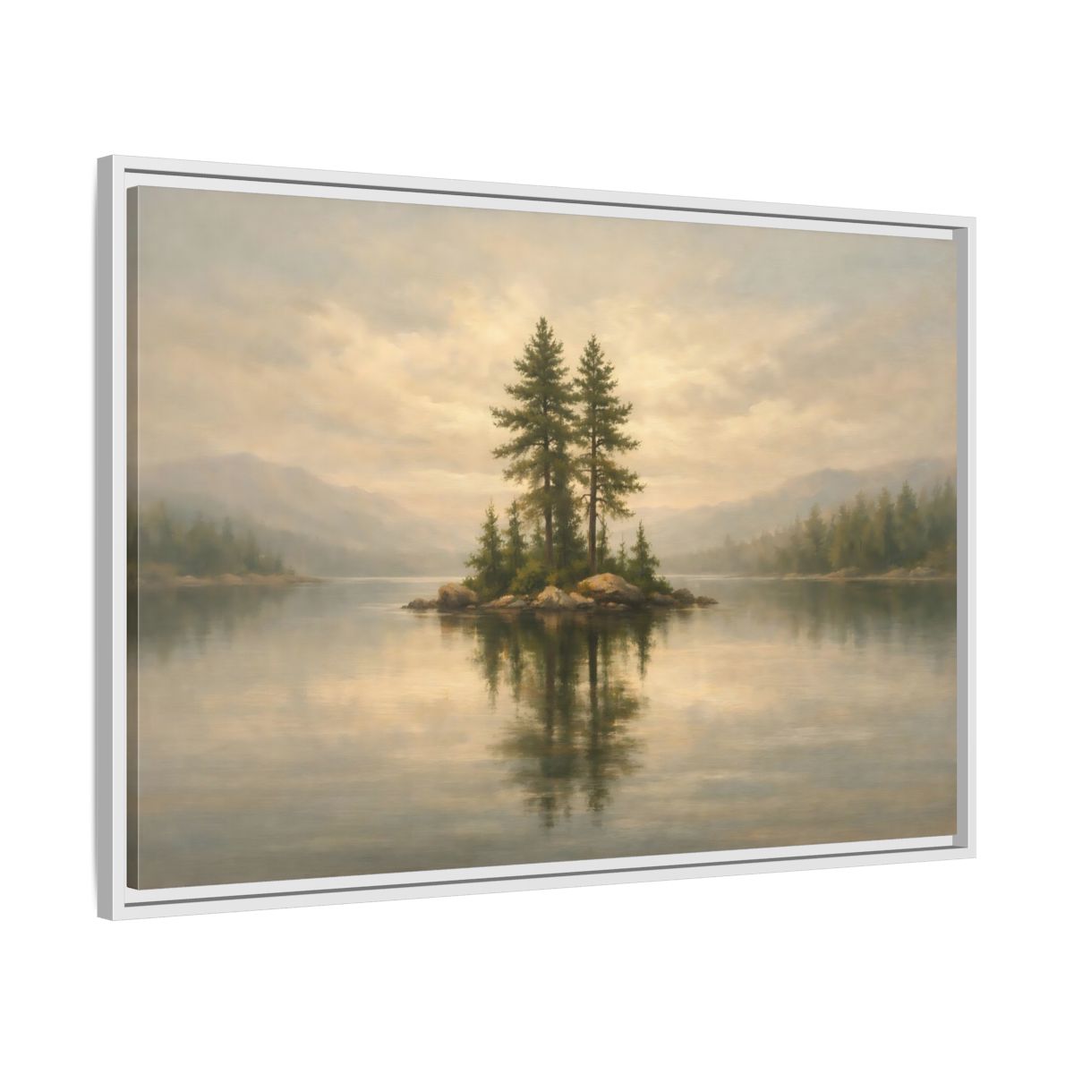 Side Mockup 8. Nature Pine Island Misty Lake Island shown as stretched canvas wall art