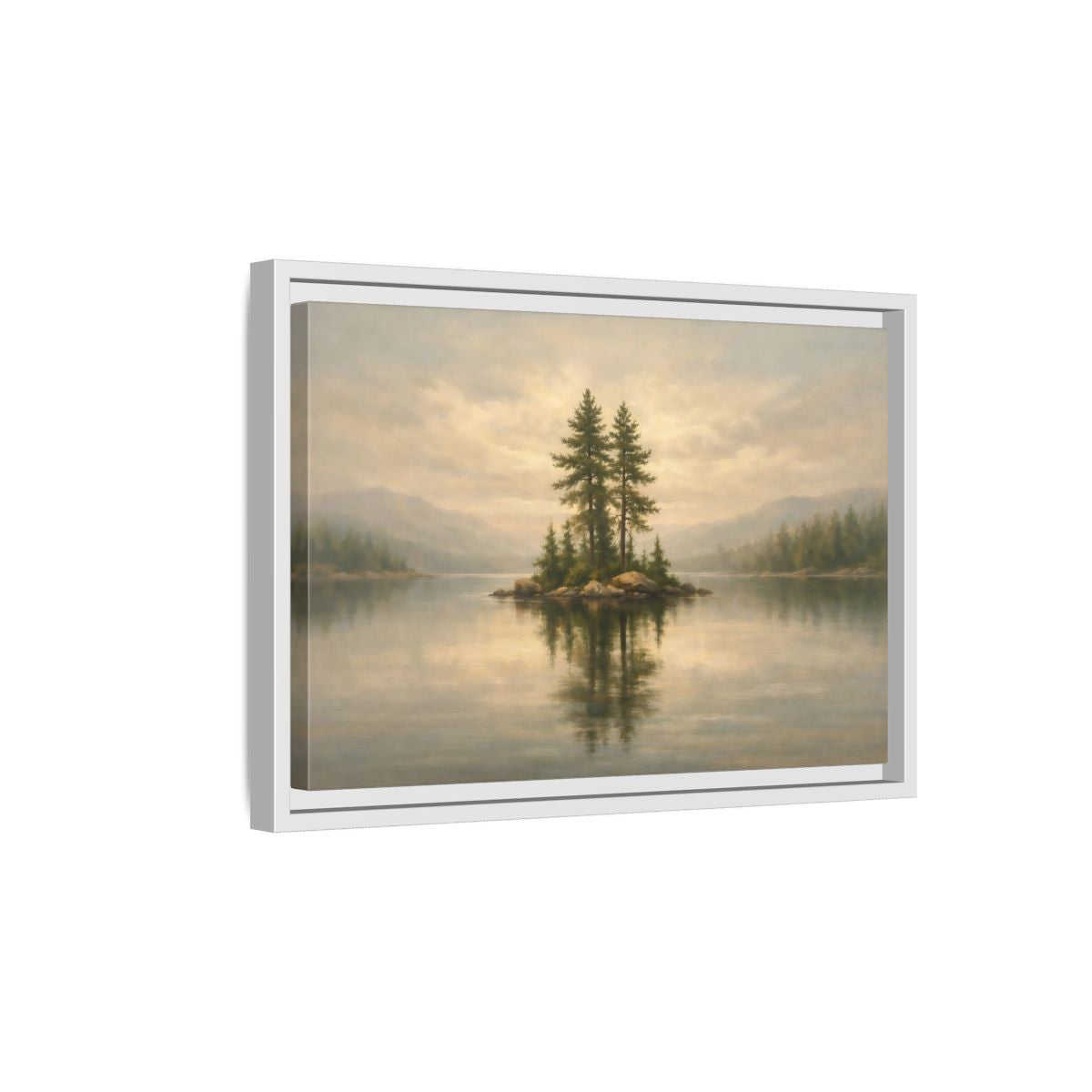 Side Mockup 4. Nature Pine Island Misty Lake Island shown as stretched canvas wall art