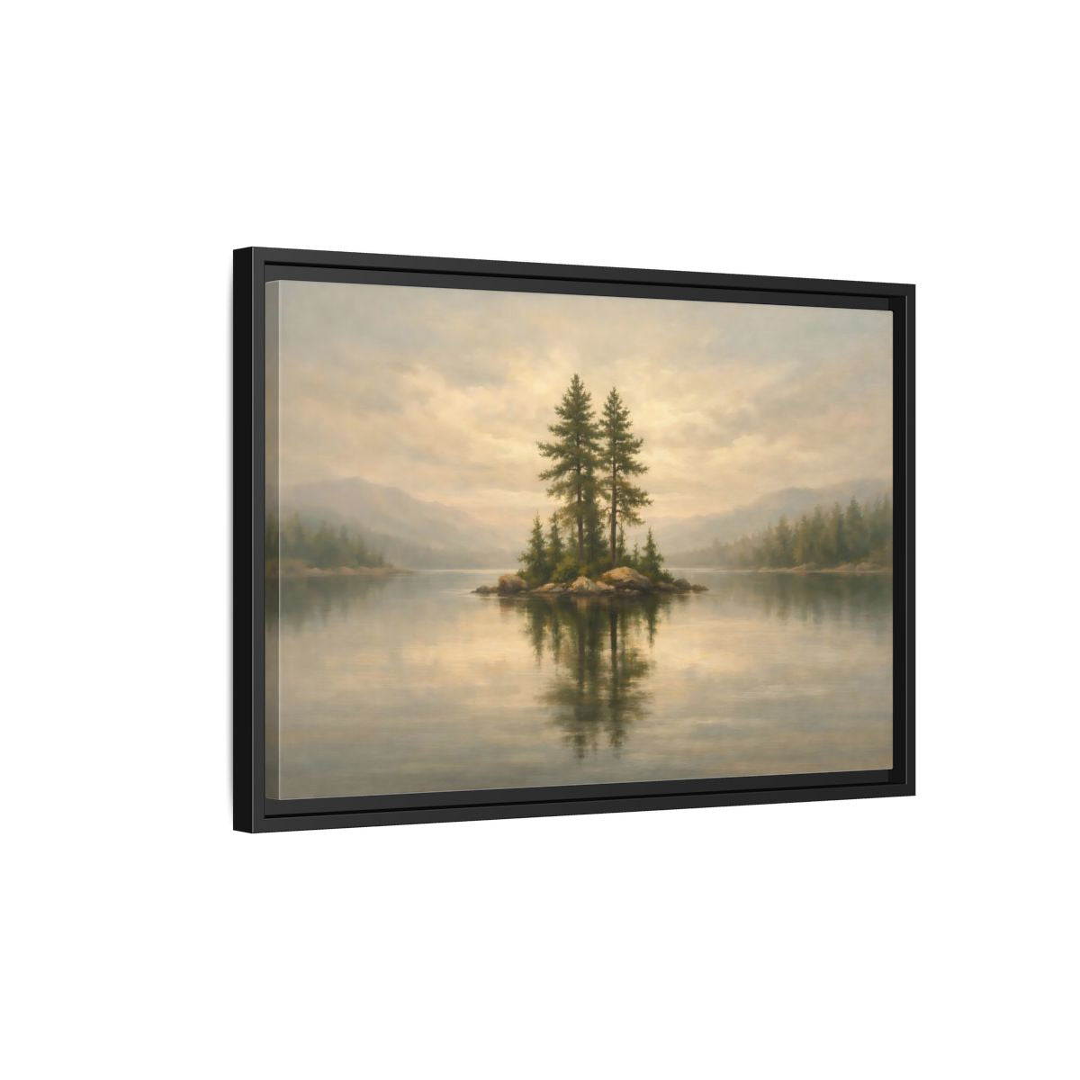Side Mockup 3. Nature Pine Island Misty Lake Island shown as stretched canvas wall art