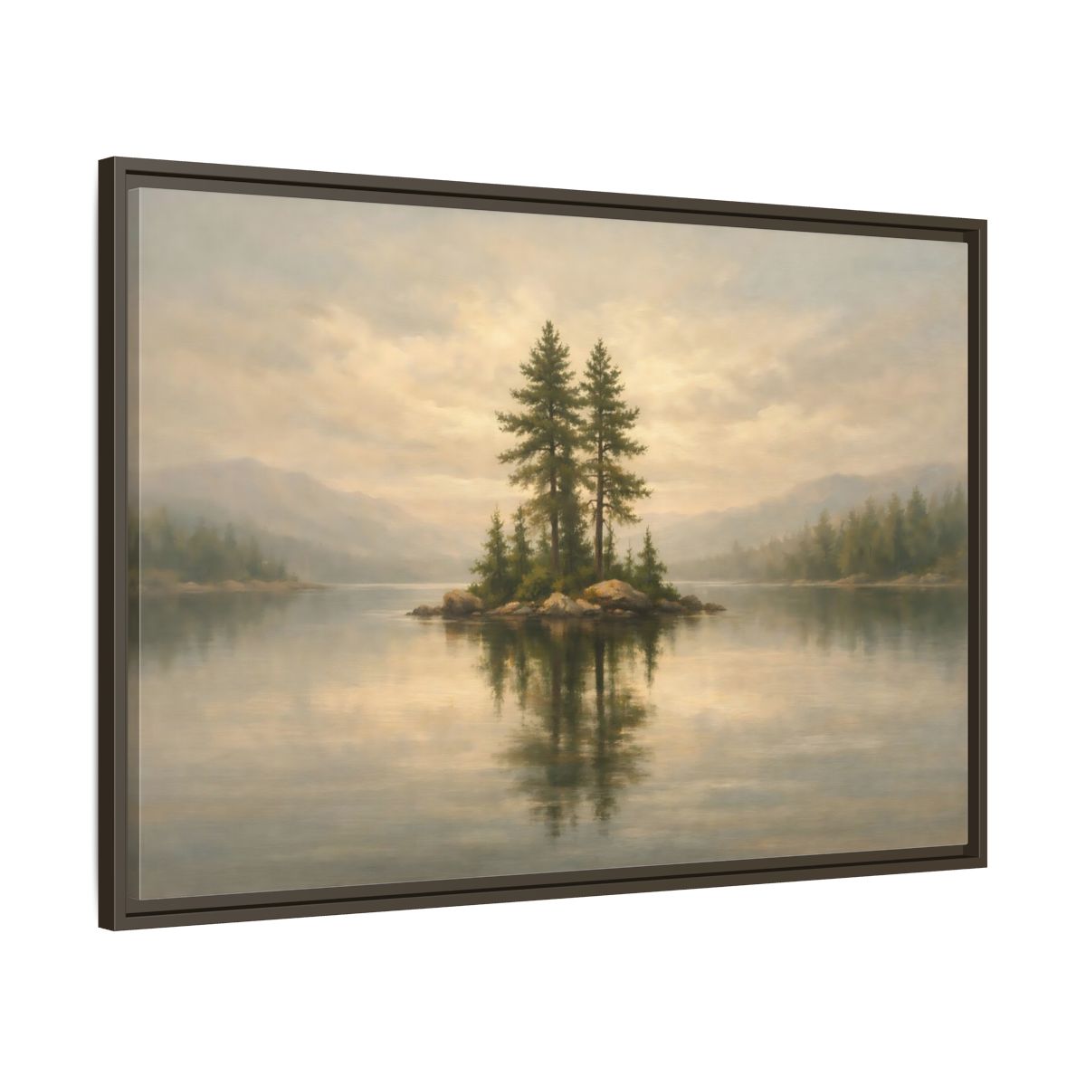 Side Mockup 9. Nature Pine Island Misty Lake Island shown as stretched canvas wall art