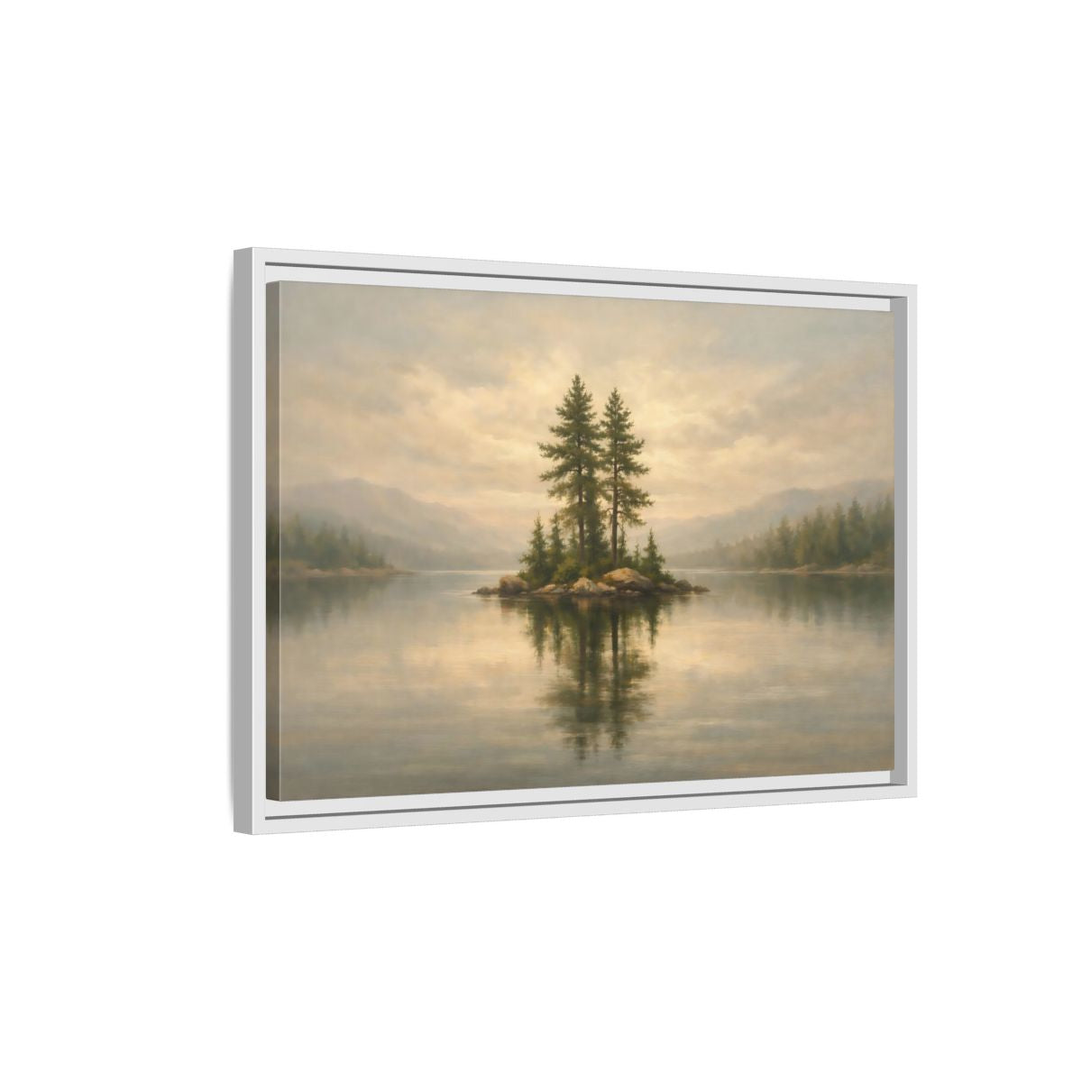 Side Mockup 1. Nature Pine Island Misty Lake Island shown as stretched canvas wall art