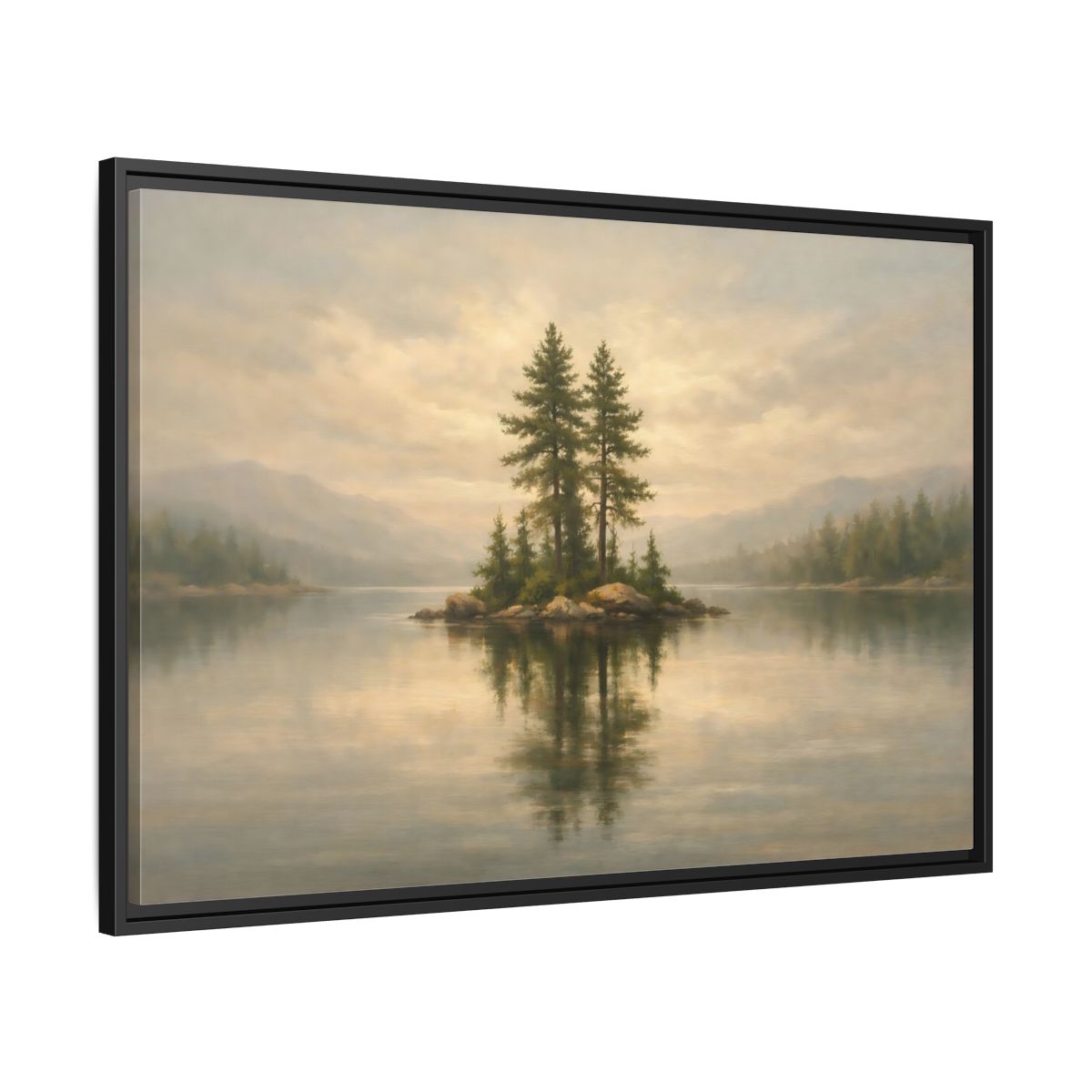 Side Mockup 13. Nature Pine Island Misty Lake Island shown as stretched canvas wall art