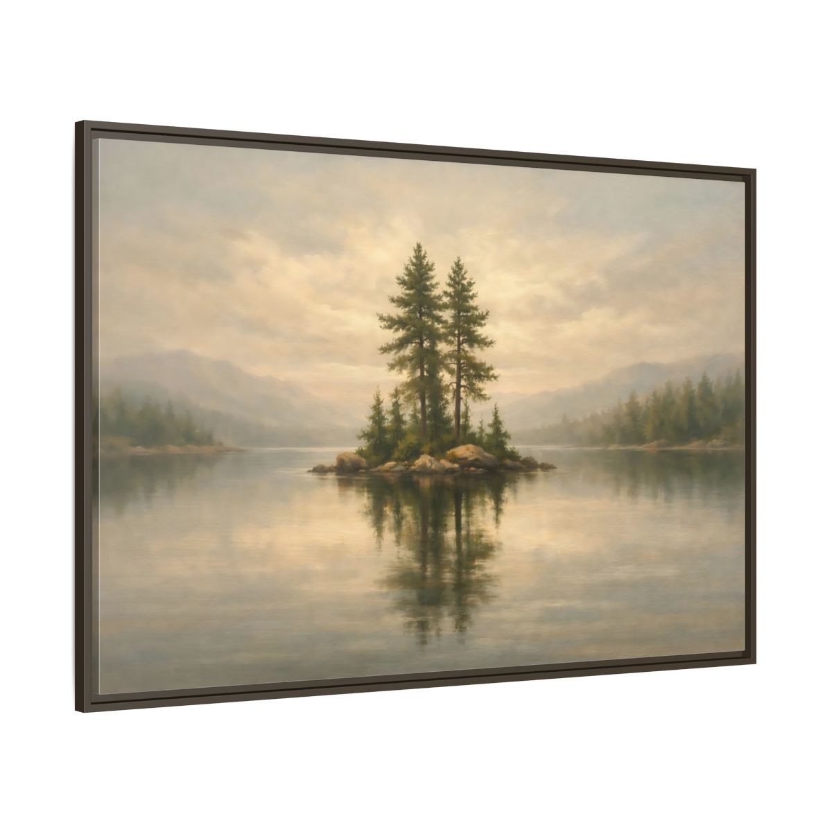Main Mockup. Nature Pine Island Misty Lake Island shown as stretched canvas wall art