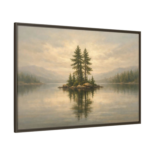 Main Mockup. Nature Pine Island Misty Lake Island shown as stretched canvas wall art