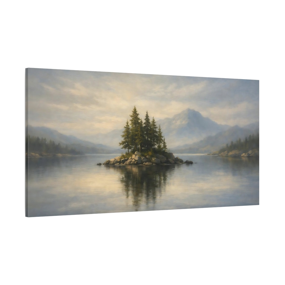 Main Mockup. Nature Pine Island Misty Lake Island shown as stretched canvas wall art