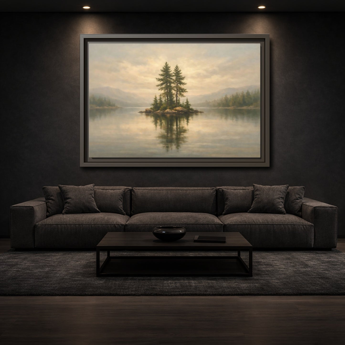 Mockup 2. Nature Pine Island Misty Lake Island shown as stretched canvas wall art
