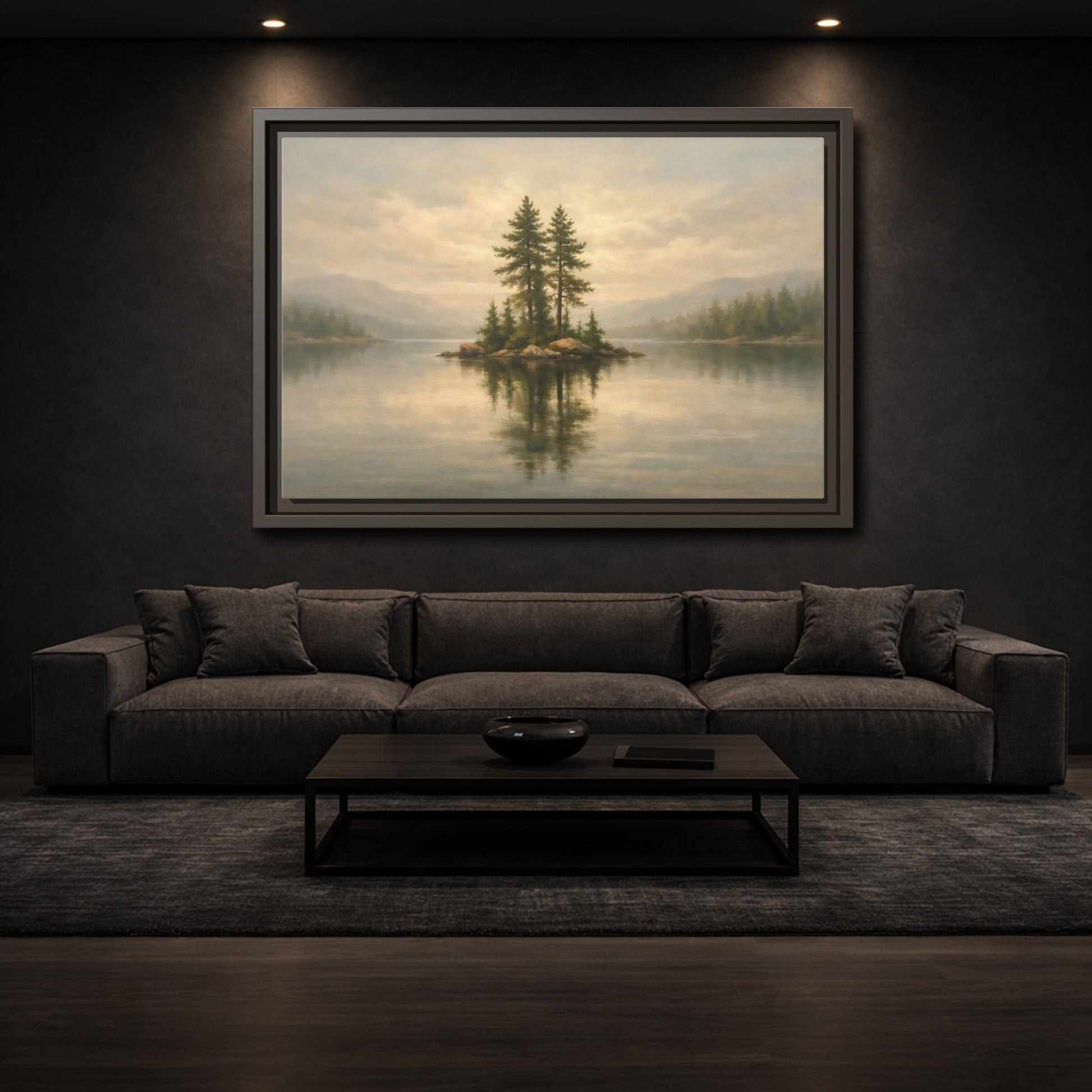 Mockup 2. Nature Pine Island Misty Lake Island shown as stretched canvas wall art