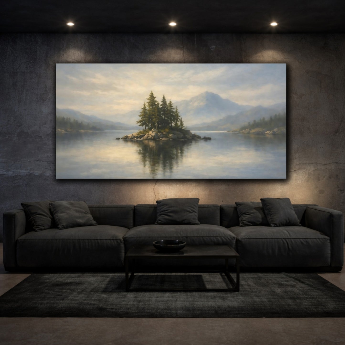 Mockup 2. Nature Pine Island Misty Lake Island shown as stretched canvas wall art
