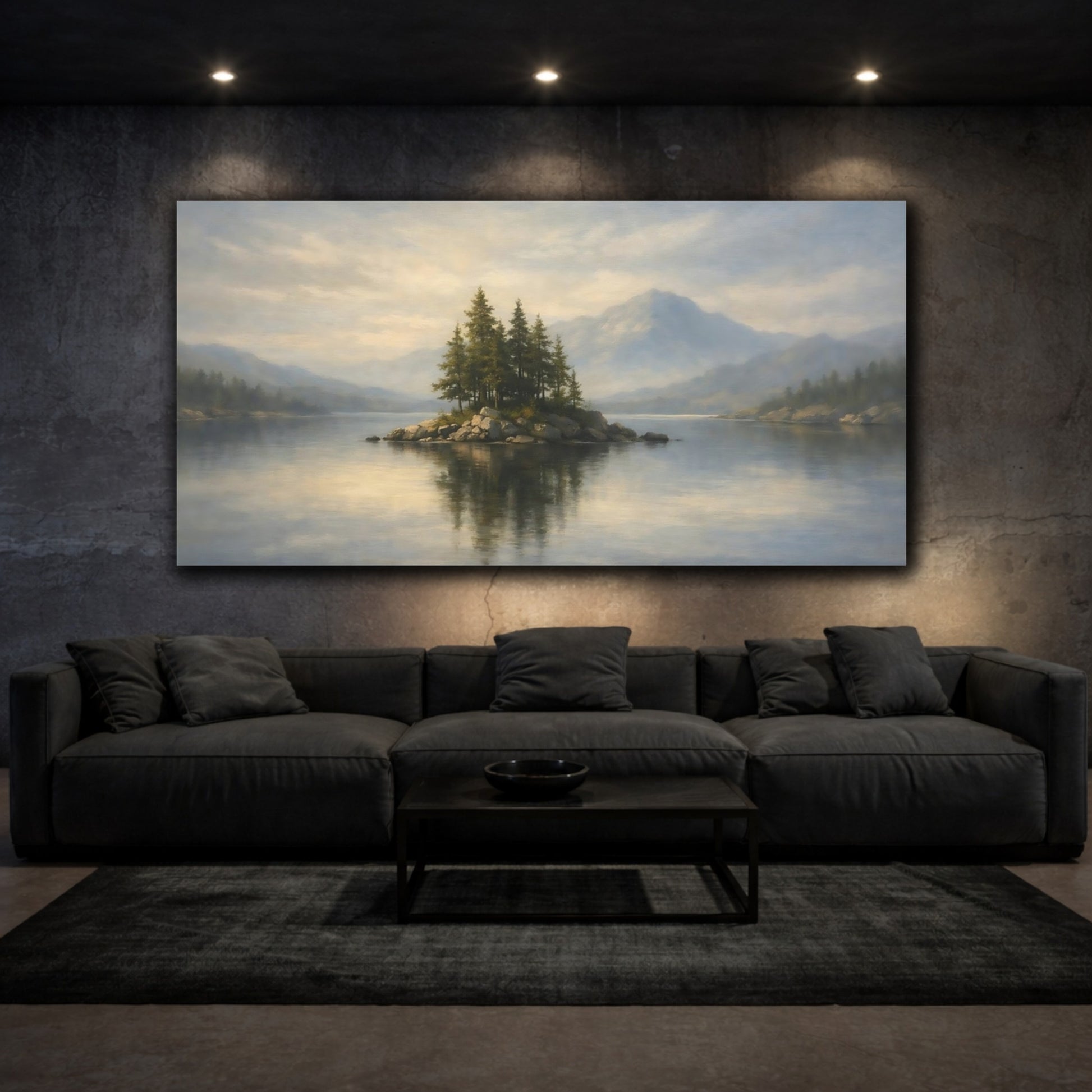 Mockup 2. Nature Pine Island Misty Lake Island shown as stretched canvas wall art