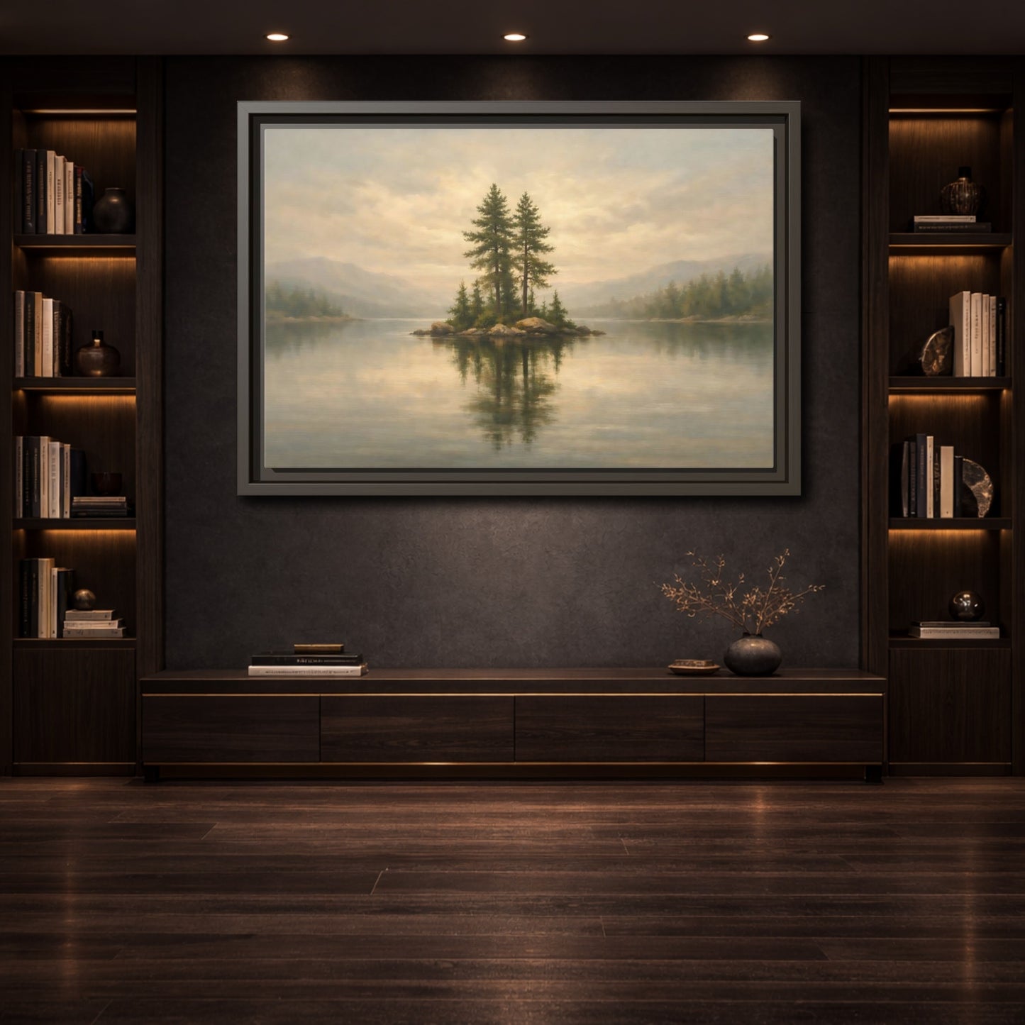 Mockup 3. Nature Pine Island Misty Lake Island shown as stretched canvas wall art