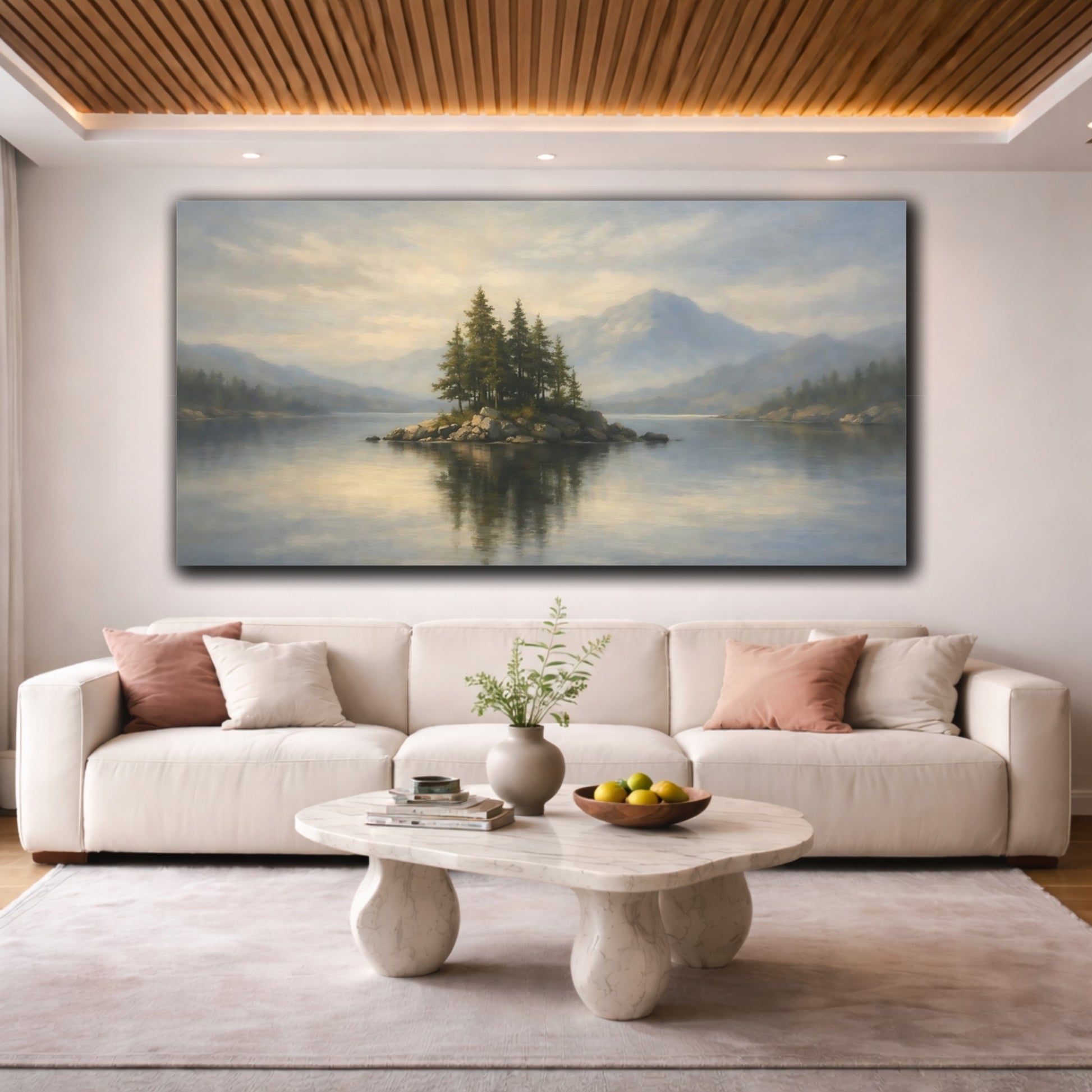 Mockup 3. Nature Pine Island Misty Lake Island shown as stretched canvas wall art