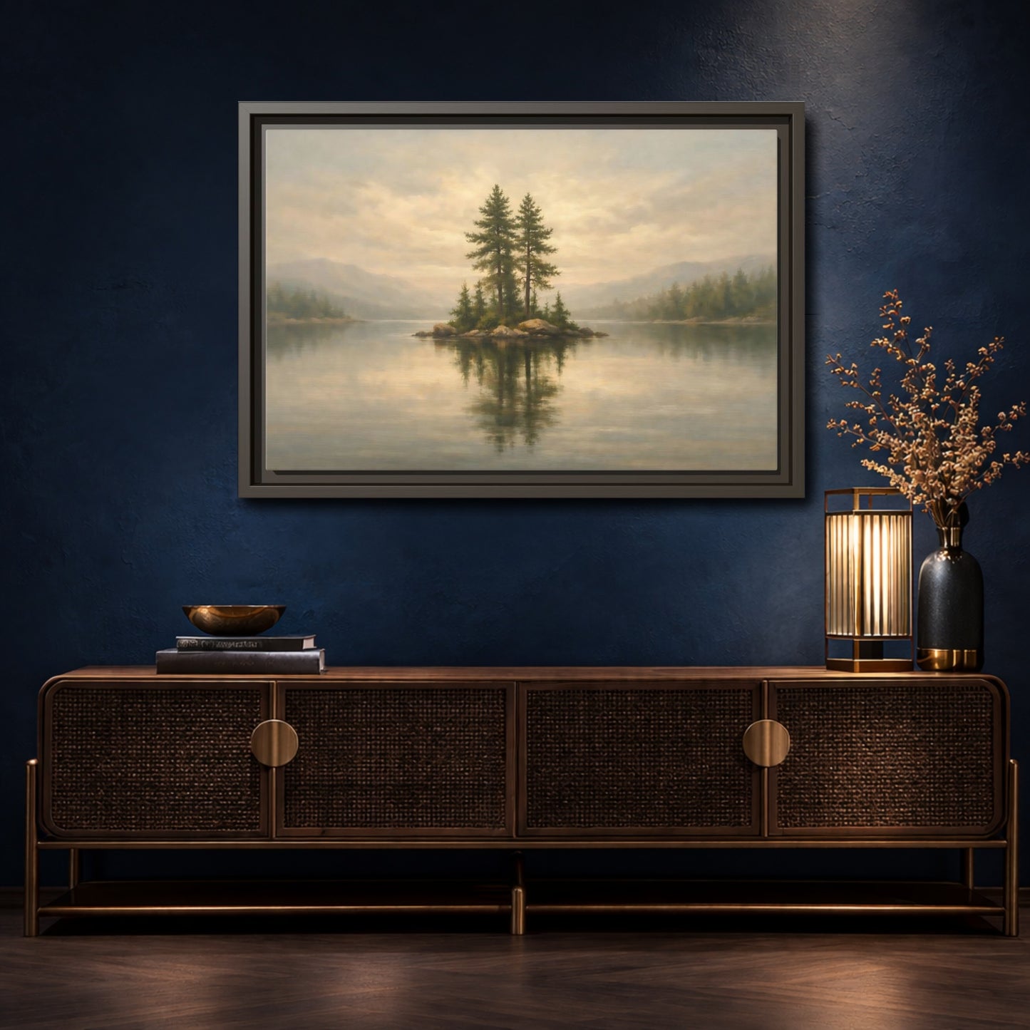 Mockup 4. Nature Pine Island Misty Lake Island shown as stretched canvas wall art