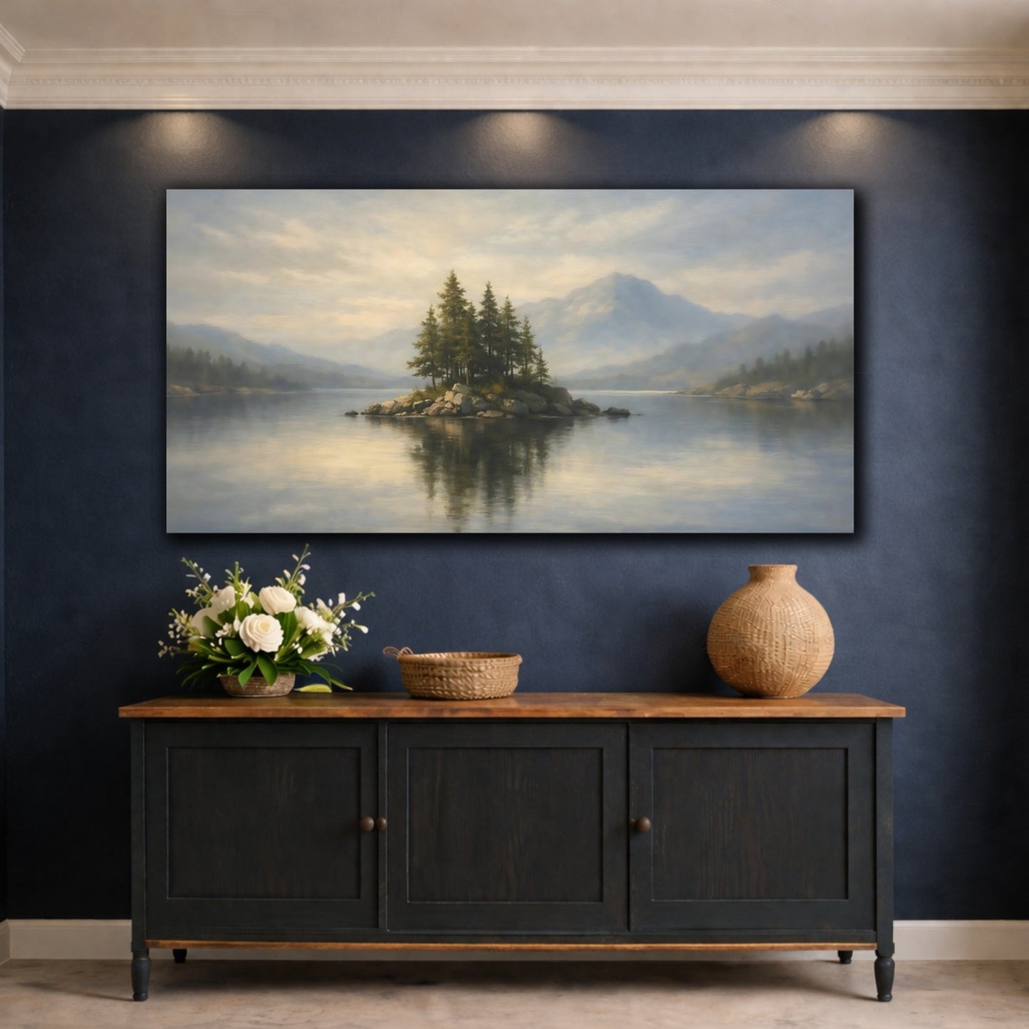 Mockup 4. Nature Pine Island Misty Lake Island shown as stretched canvas wall art