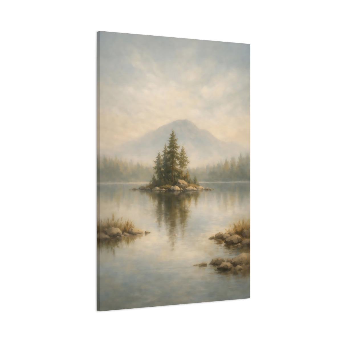 Main Mockup. Nature Pine Island Misty Lake Landscape shown as stretched canvas wall art