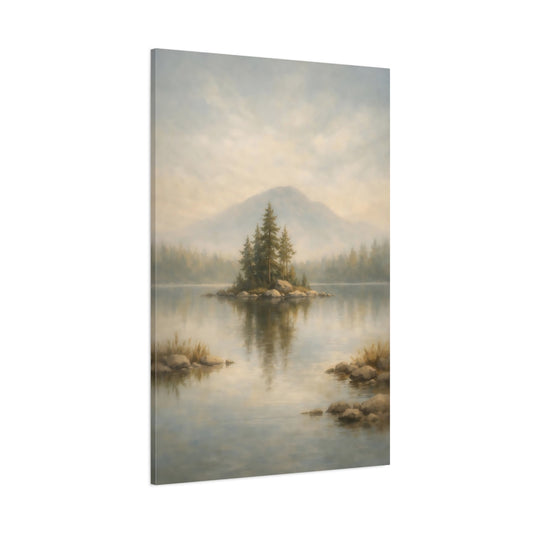 Main Mockup. Nature Pine Island Misty Lake Landscape shown as stretched canvas wall art