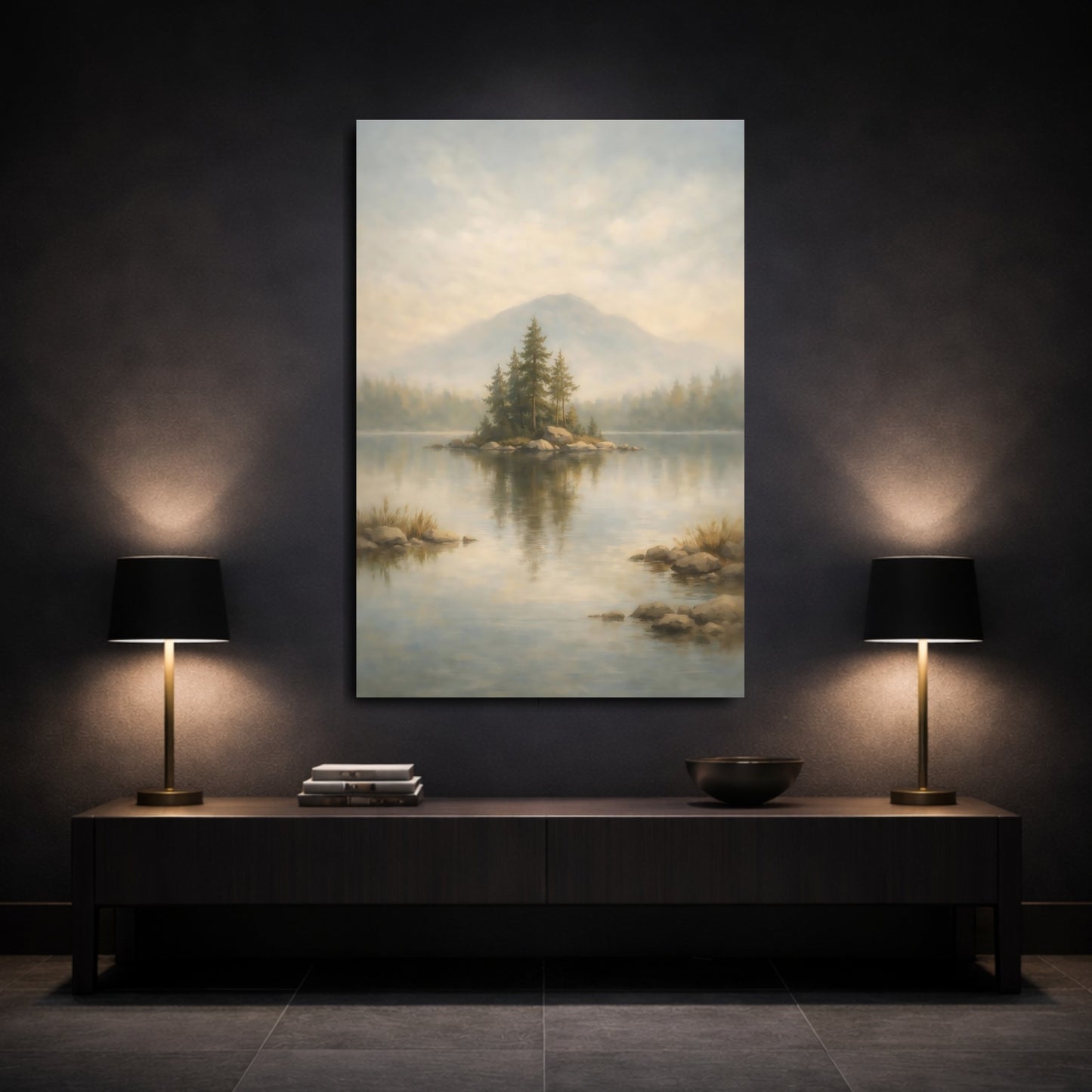 Mockup 2. Nature Pine Island Misty Lake Landscape shown as stretched canvas wall art