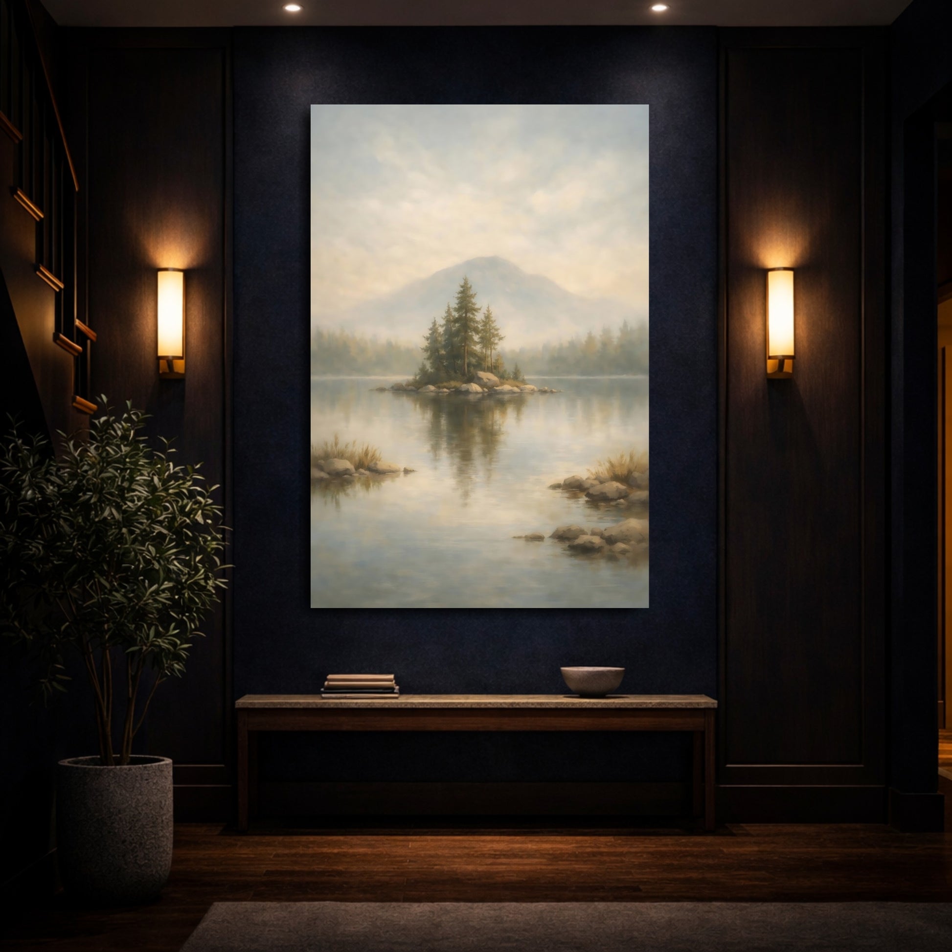 Mockup 3. Nature Pine Island Misty Lake Landscape shown as stretched canvas wall art