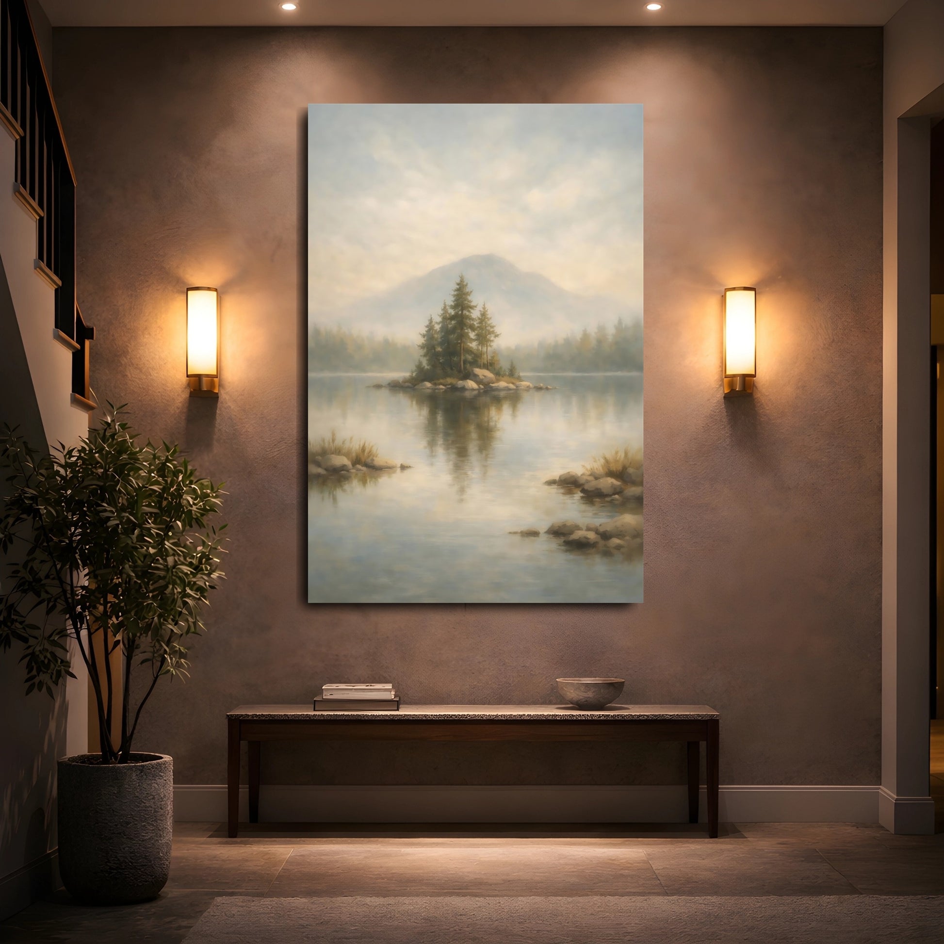 Mockup 4. Nature Pine Island Misty Lake Landscape shown as stretched canvas wall art