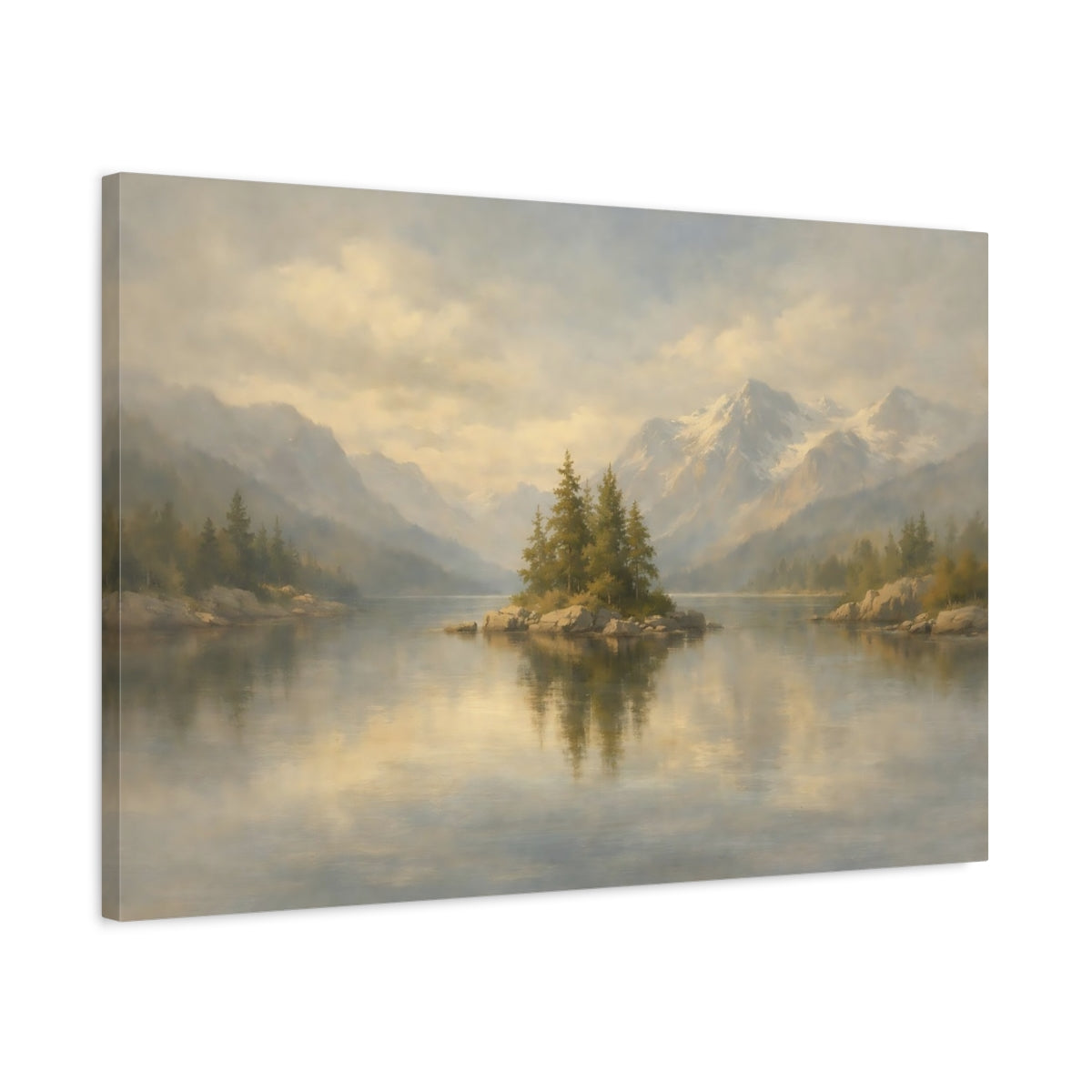 Side Mockup 2. Nature Pine Island Misty Mountain Lake shown as stretched canvas wall art
