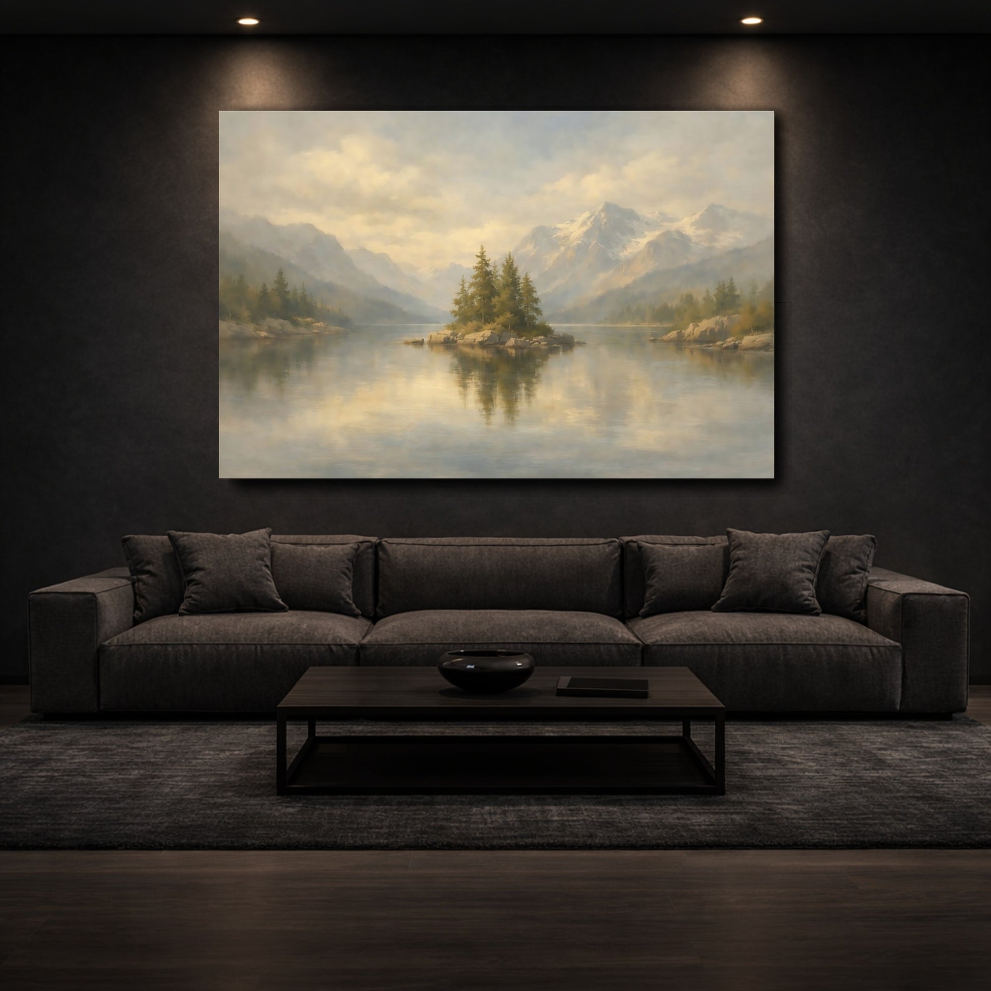 Mockup 2. Nature Pine Island Misty Mountain Lake shown as stretched canvas wall art