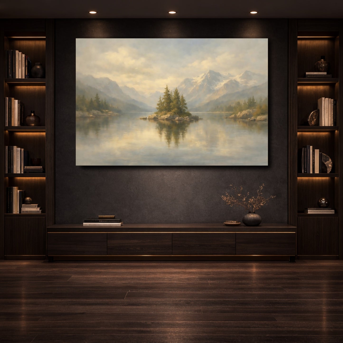 Mockup 3. Nature Pine Island Misty Mountain Lake shown as stretched canvas wall art