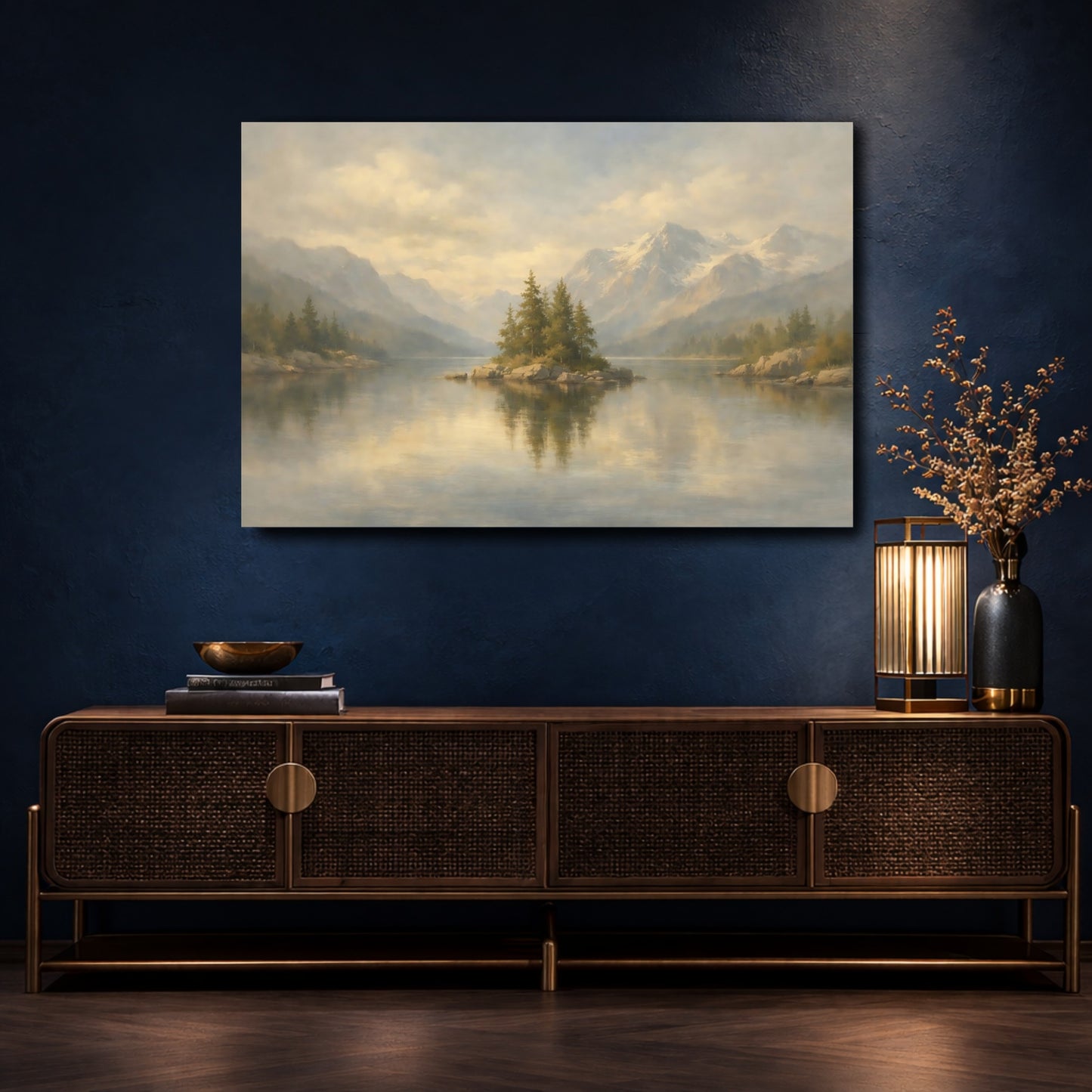 Mockup 4. Nature Pine Island Misty Mountain Lake shown as stretched canvas wall art