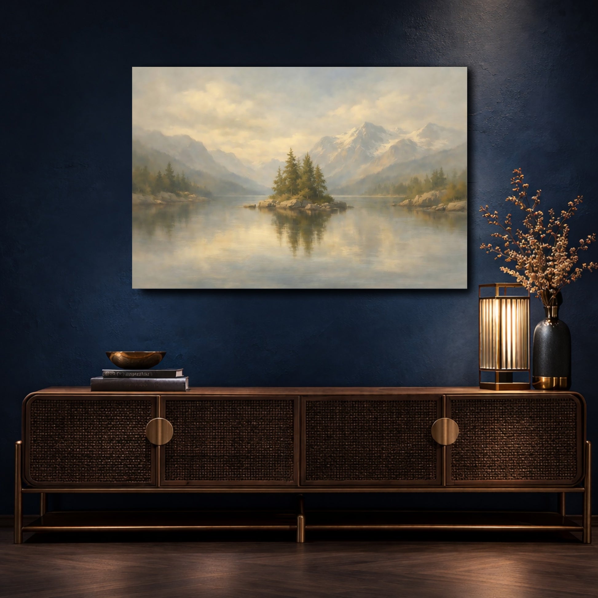 Mockup 4. Nature Pine Island Misty Mountain Lake shown as stretched canvas wall art