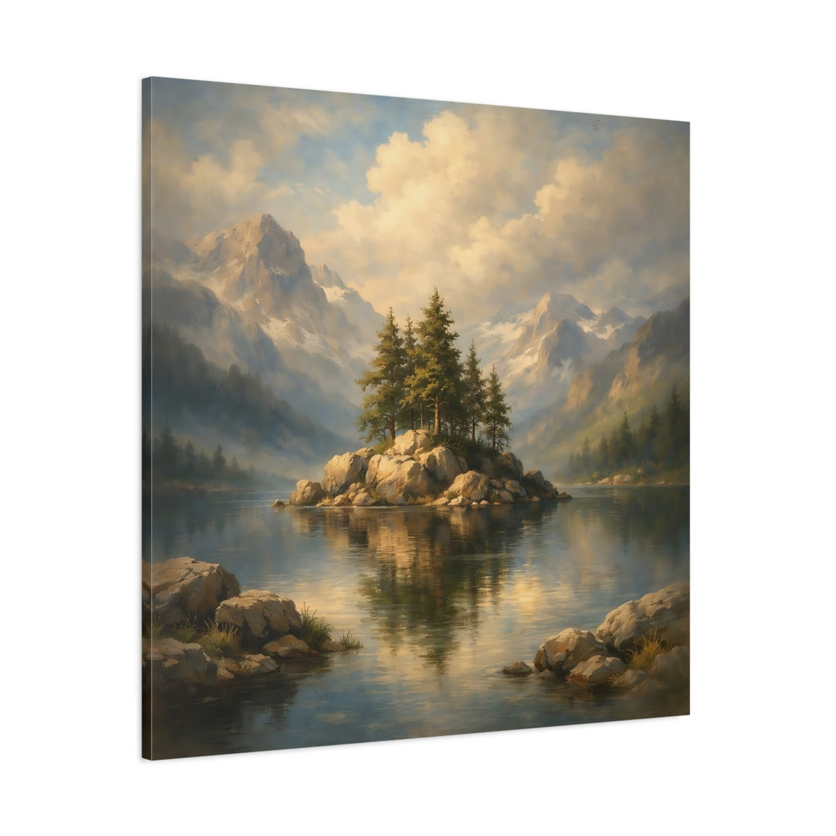 Main Mockup. Nature Pine Island Mountain Lake View shown as stretched canvas wall art