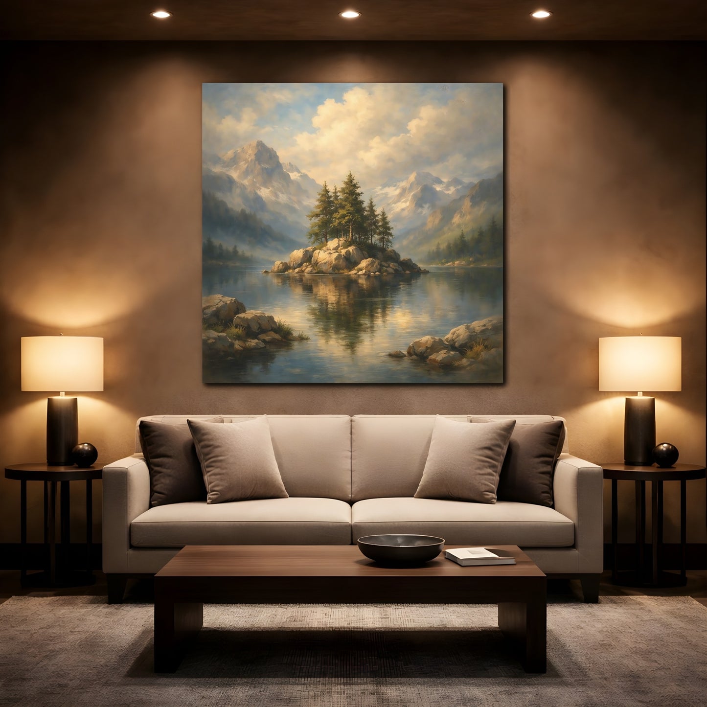 Mockup 2. Nature Pine Island Mountain Lake View shown as stretched canvas wall art