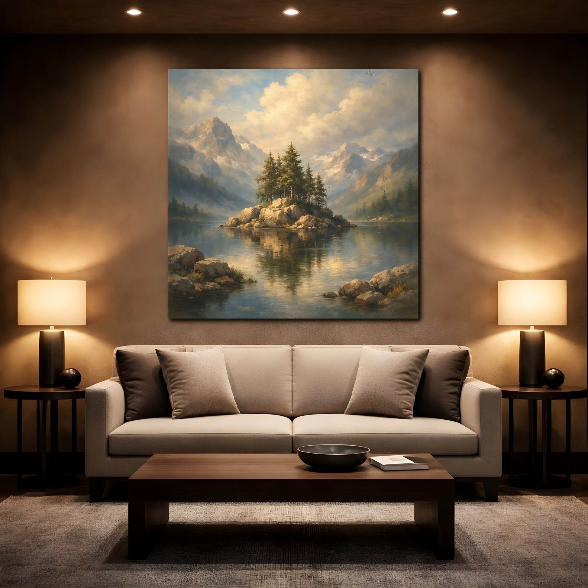Mockup 2. Nature Pine Island Mountain Lake View shown as stretched canvas wall art