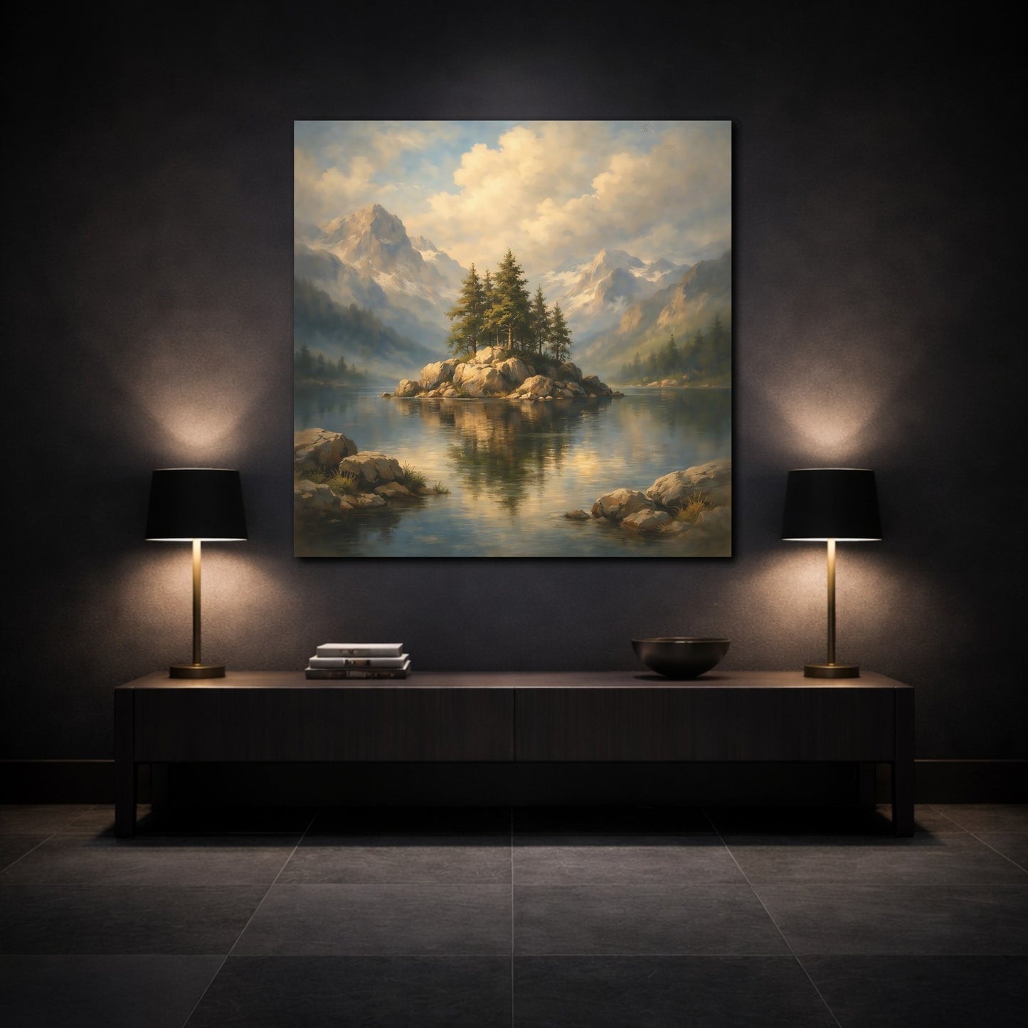 Mockup 3. Nature Pine Island Mountain Lake View shown as stretched canvas wall art