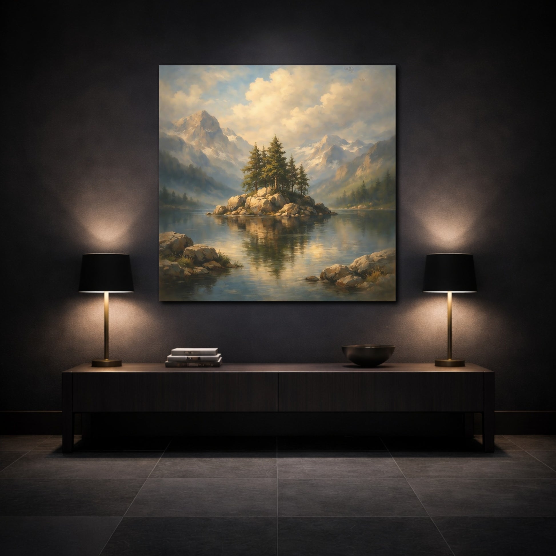 Mockup 3. Nature Pine Island Mountain Lake View shown as stretched canvas wall art
